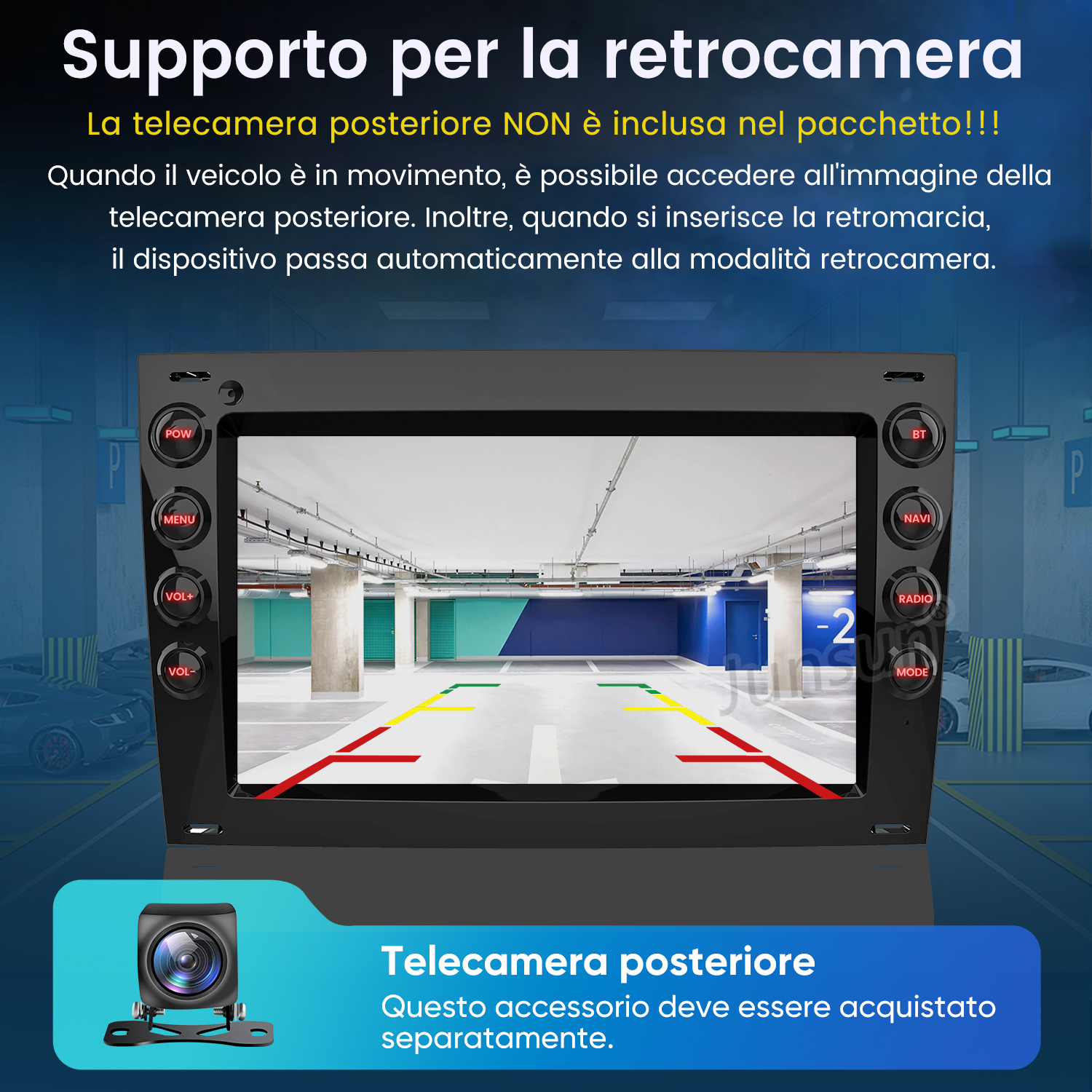 Schermo mostra vista parcheggio con guide; telecamera retromarcia sotto.