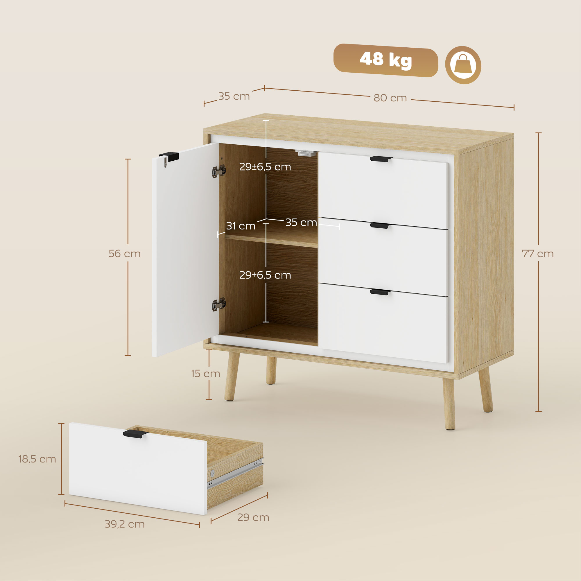 Un armario blanco con detalles de madera y cajones. Se muestran las medidas.