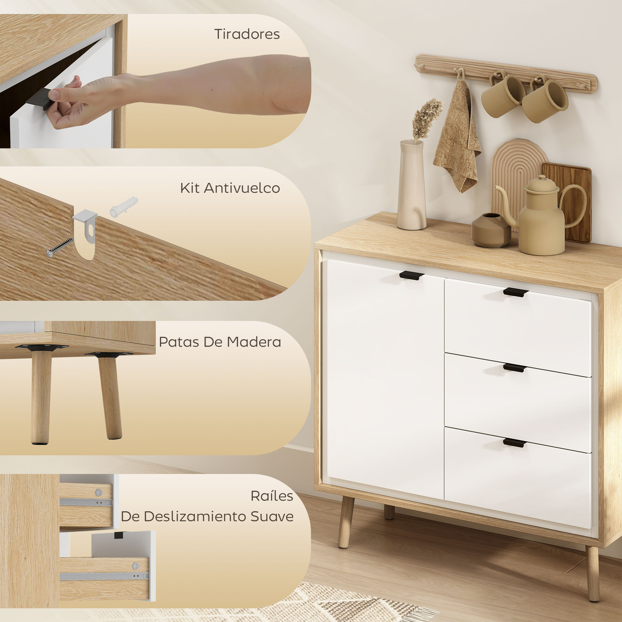 Gabinete de madera con cajones blancos, kit antivuelco, patas de madera y guías.