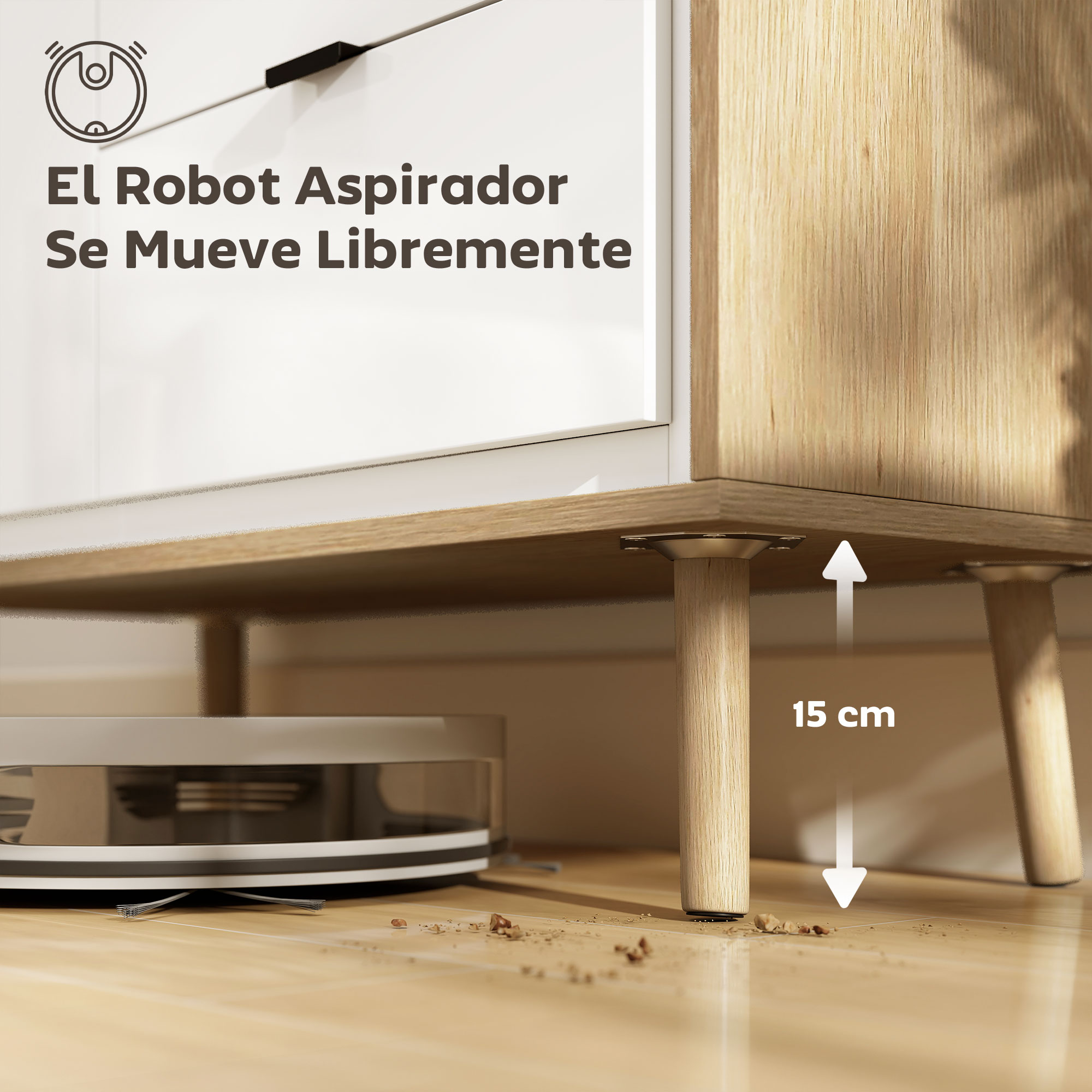 Un robot aspirador limpia el suelo bajo un mueble con 15 cm de espacio.