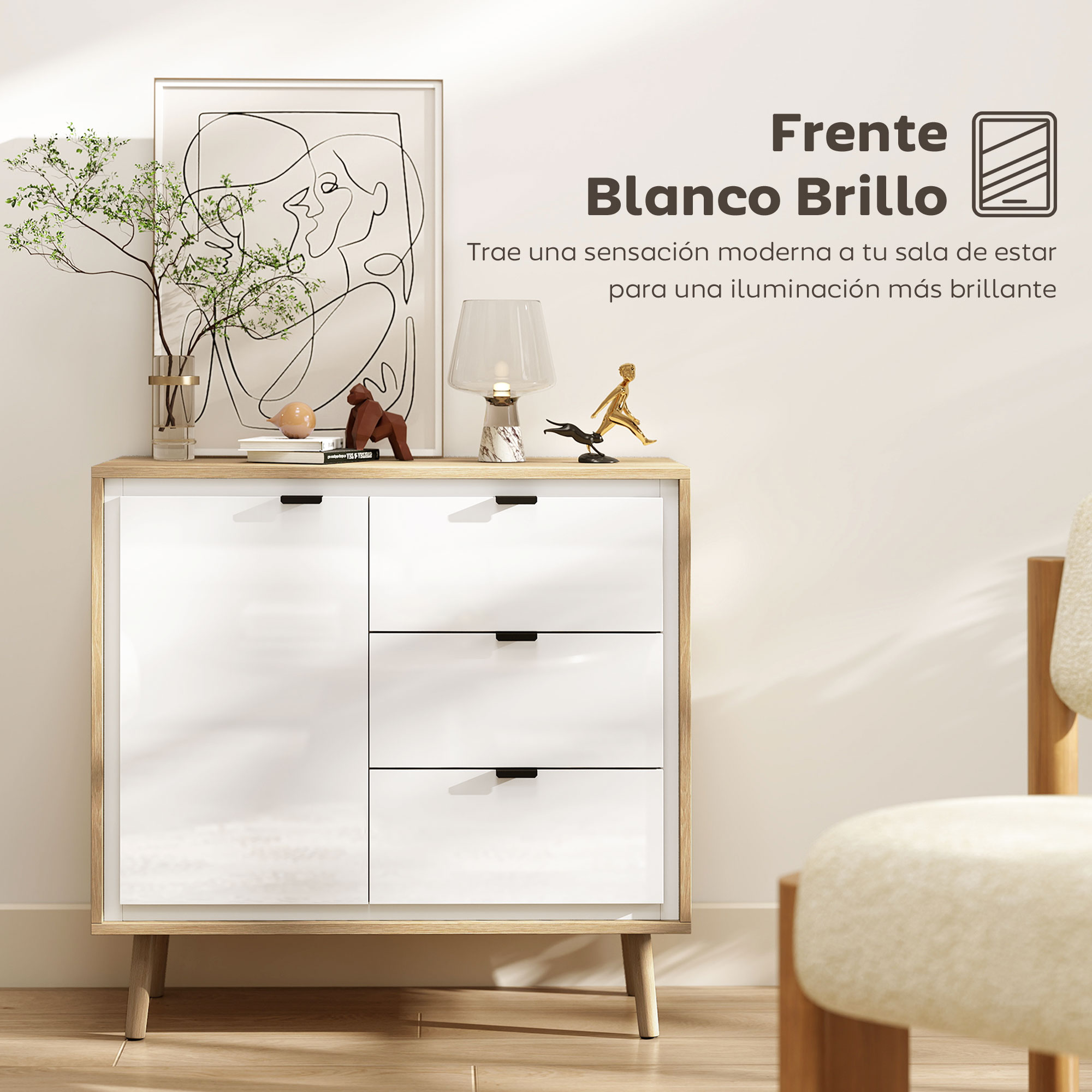 Un mueble blanco con detalles de madera, arte y lámpara.