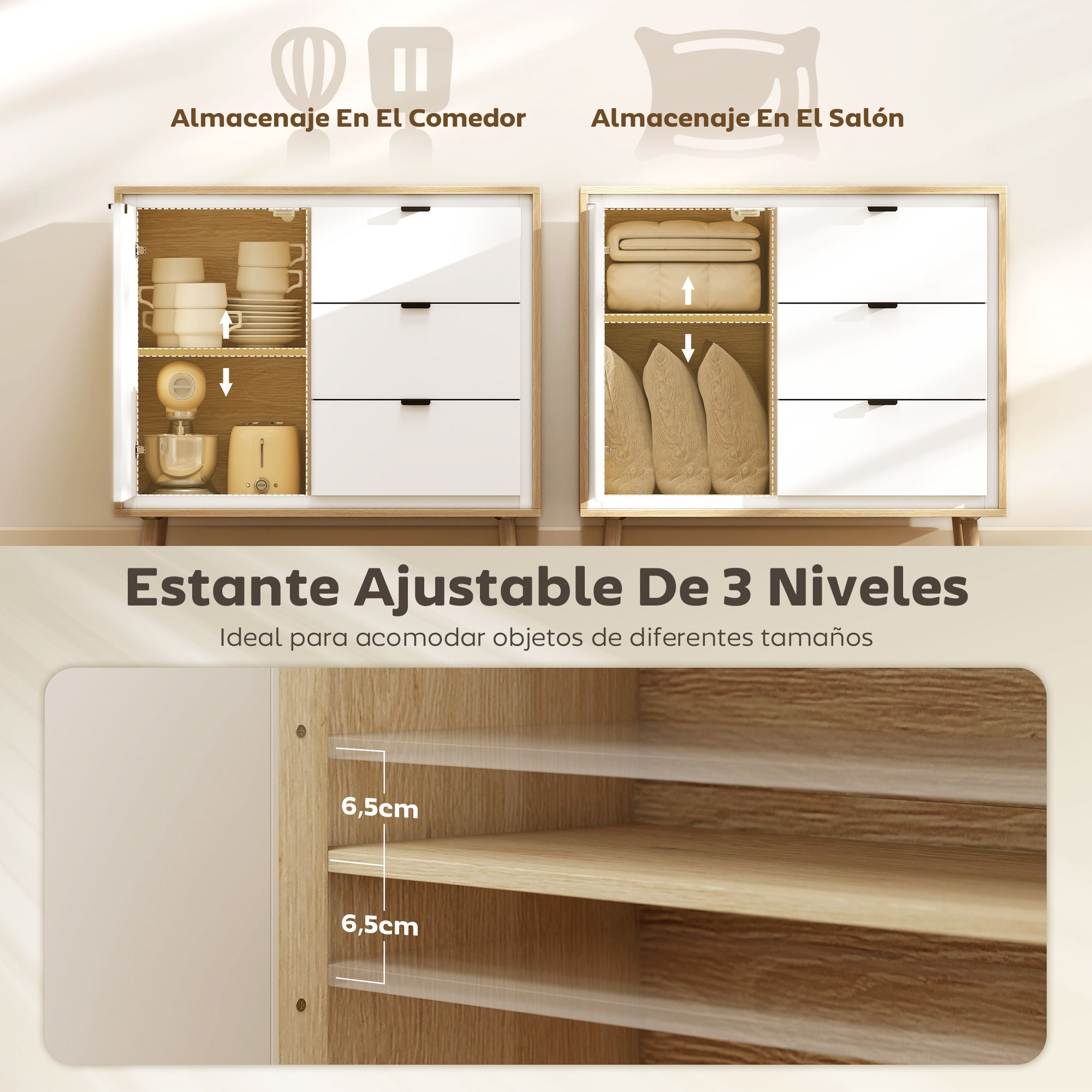 Dos armarios con cajones blancos y marcos de madera. Uno muestra vajilla, el otro ropa de cama.