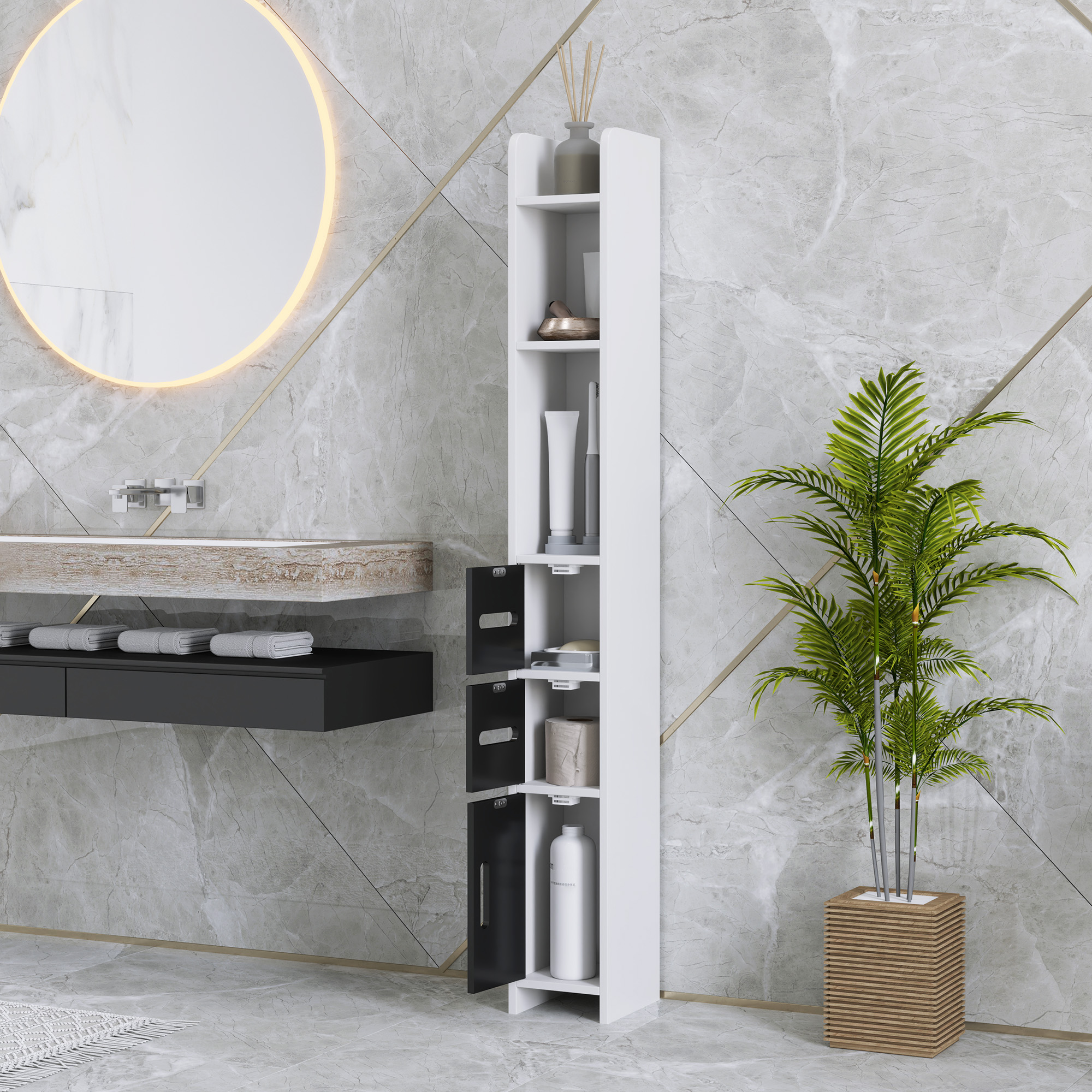 Baño moderno con espejo iluminado, estante y planta.