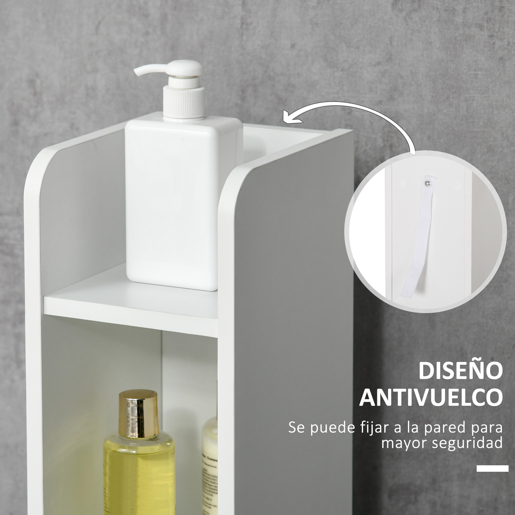 Un estante blanco con dispensador de jabón y loción. Diseño antivuelco.