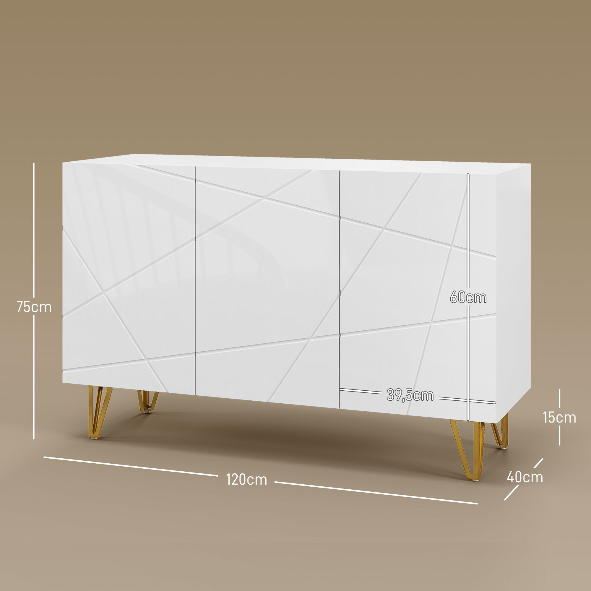 Aparador blanco con patrón geométrico y patas doradas. Dimensiones: 120x60x39,5cm.