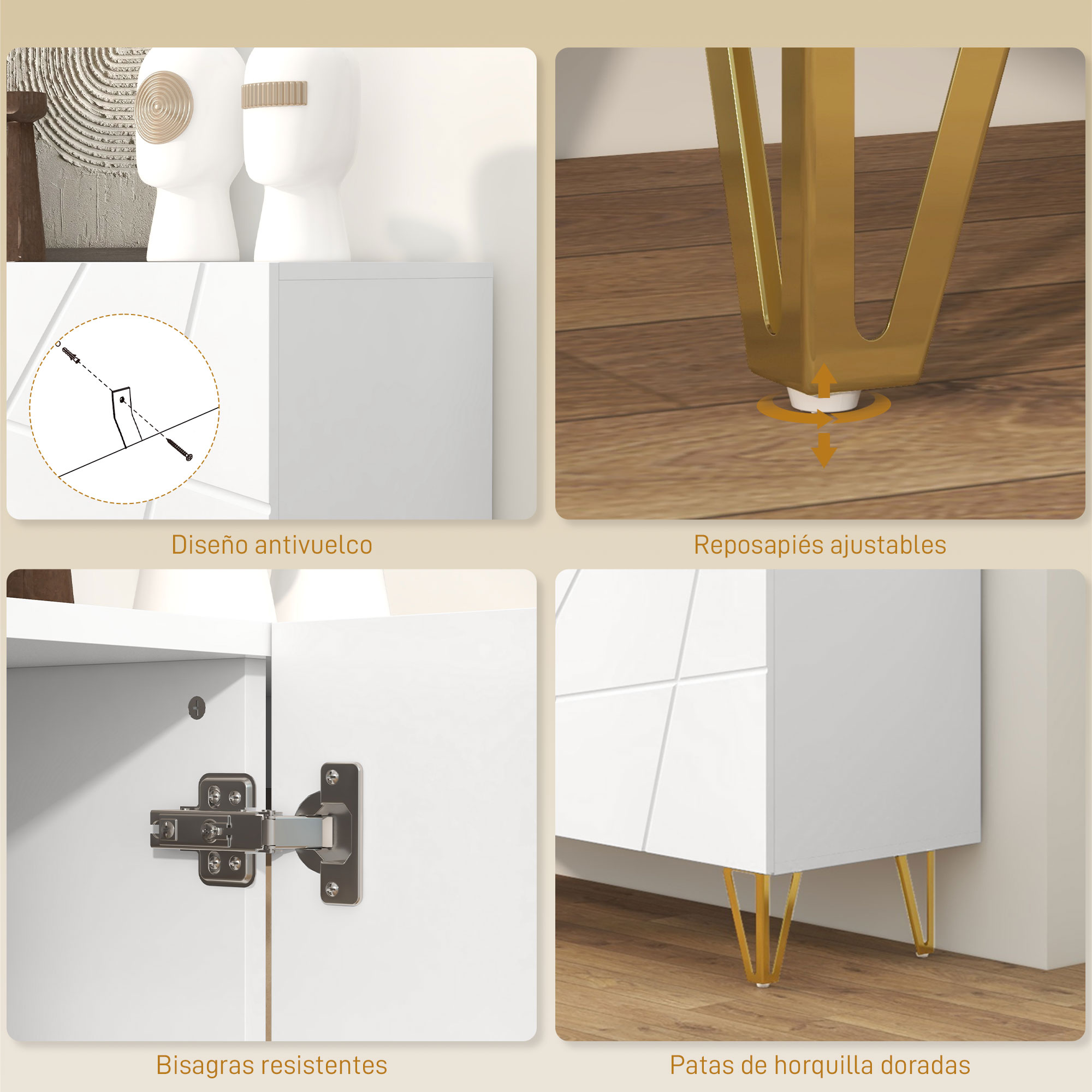 Muebles blancos con patas, bisagras doradas e instrucciones de montaje.