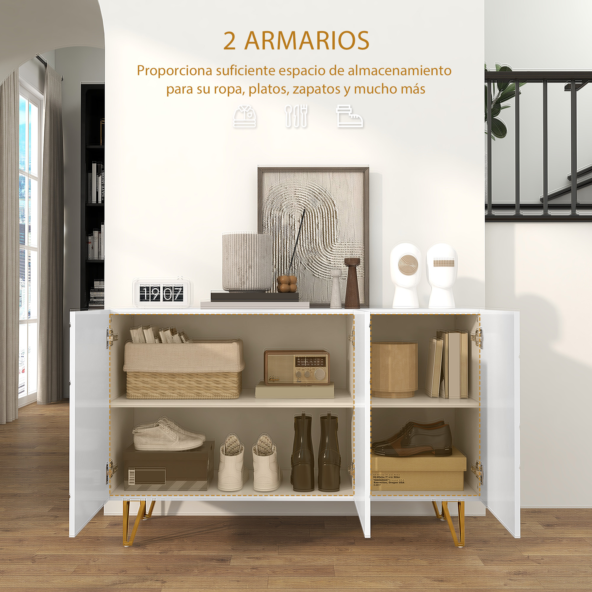 Un armario blanco con puertas abiertas, lleno de cestas, zapatos y libros.