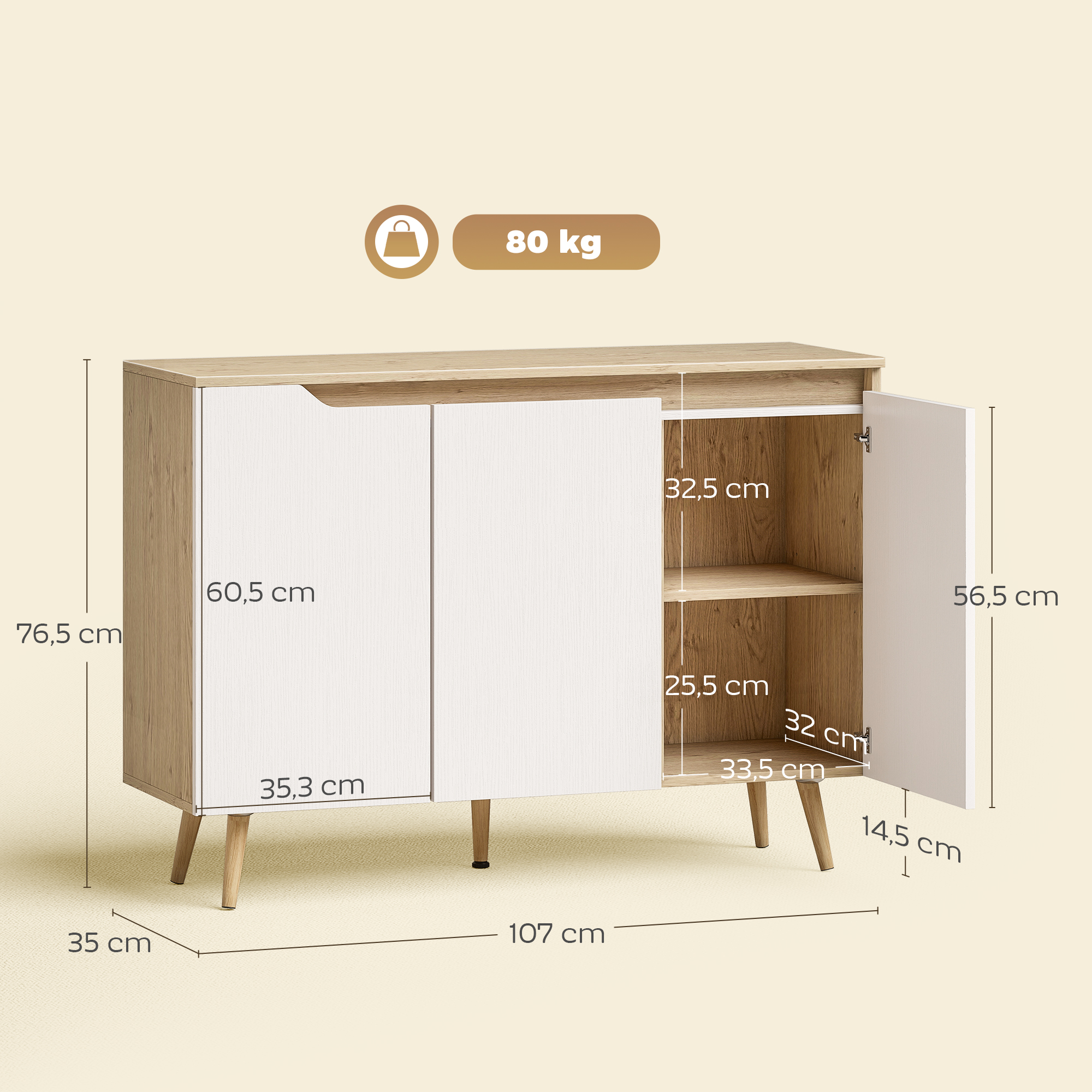 Un aparador blanco y de madera con medidas y capacidad de 80 kg.