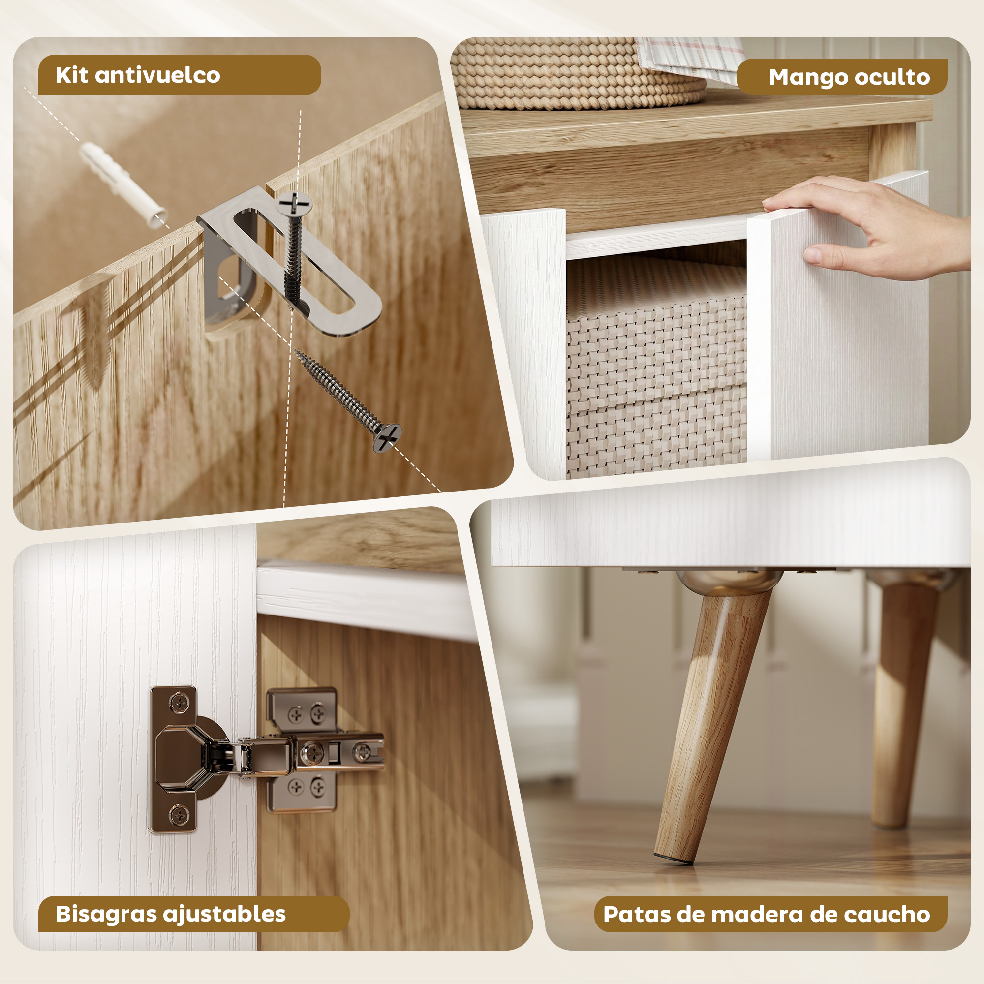 Primer plano de detalles de muebles: kit antivuelco, tirador, bisagra y patas.