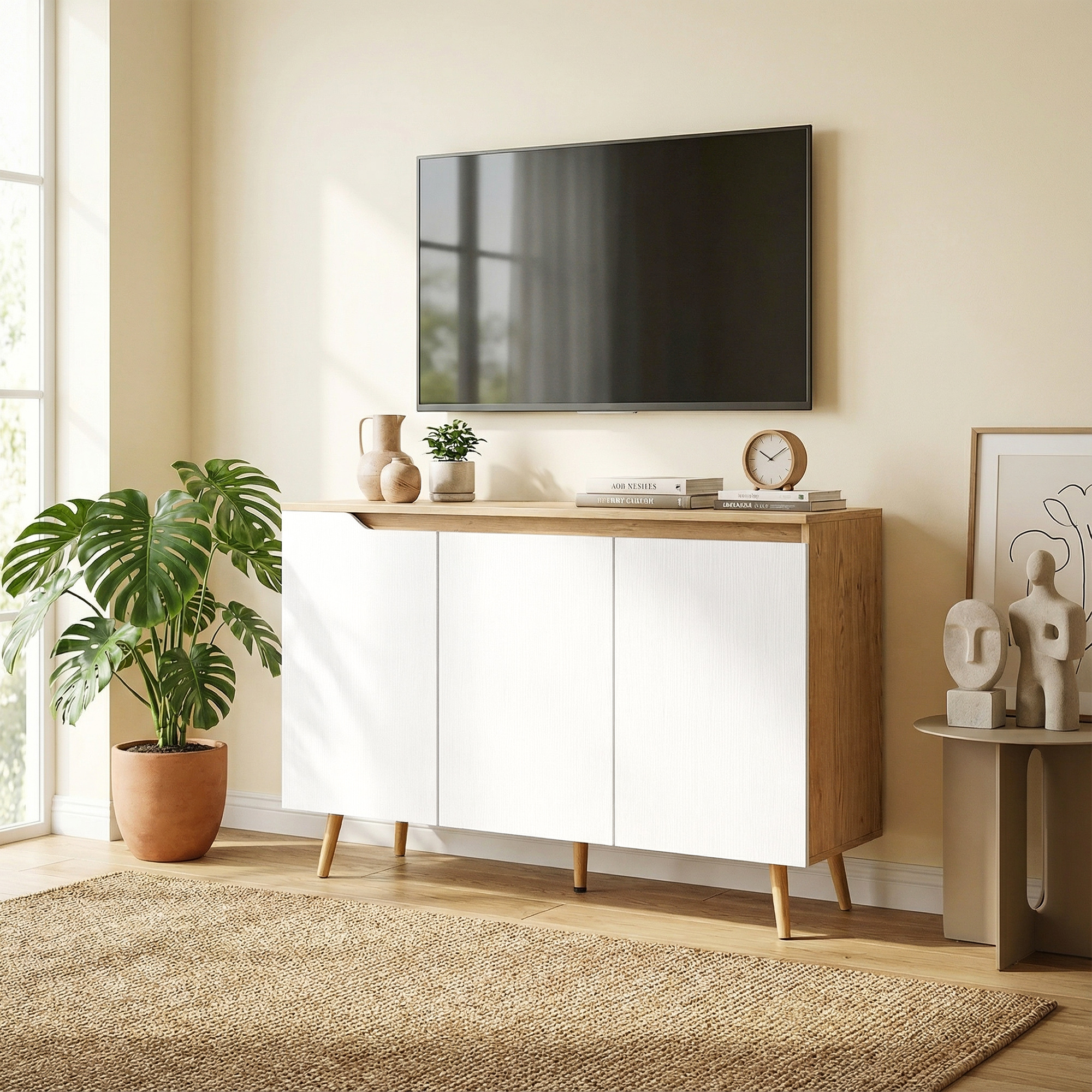 Un aparador moderno de salón con frentes blancos, detalles de madera y TV.