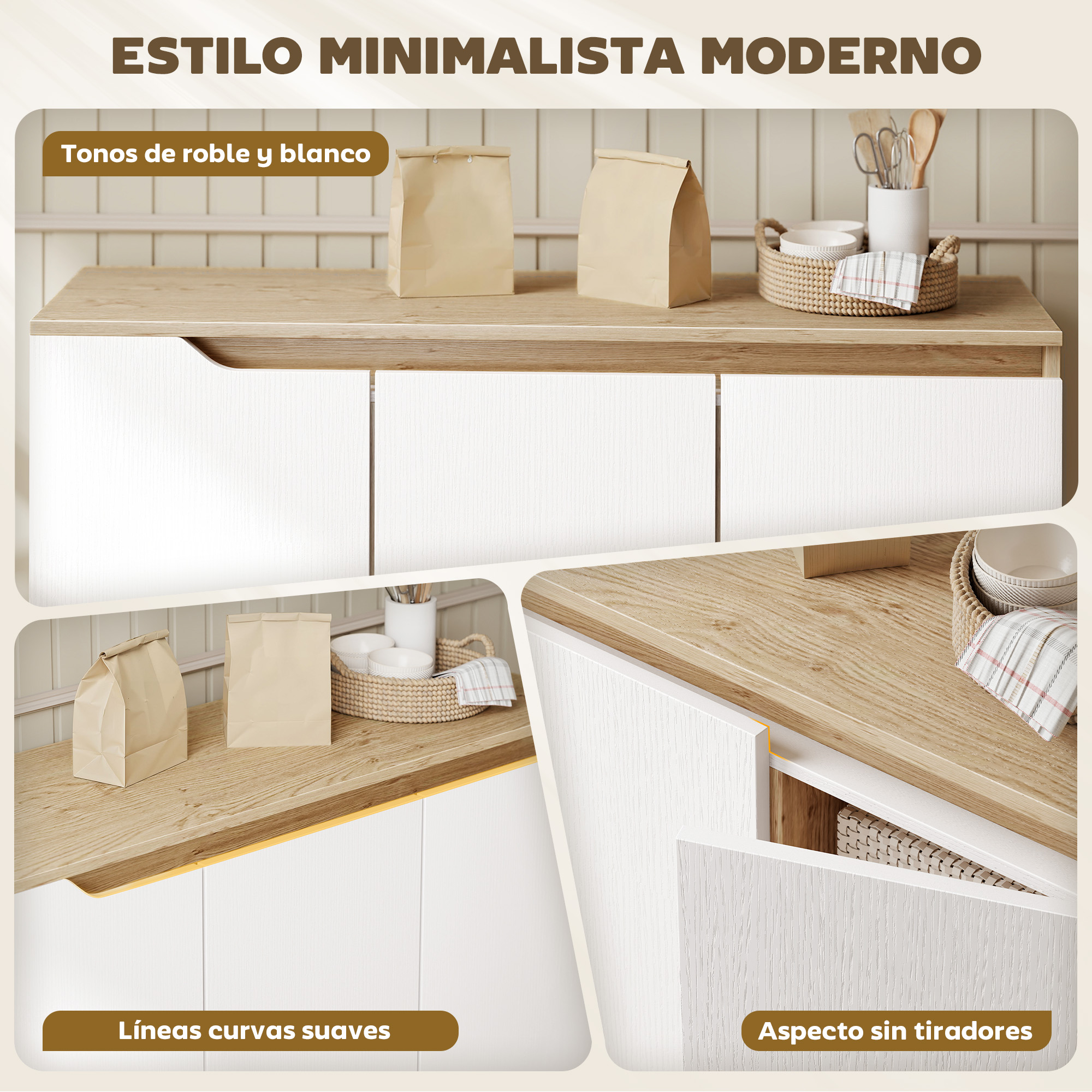 Detalles de mueble de cocina: encimera de madera, frentes blancos, cestas.