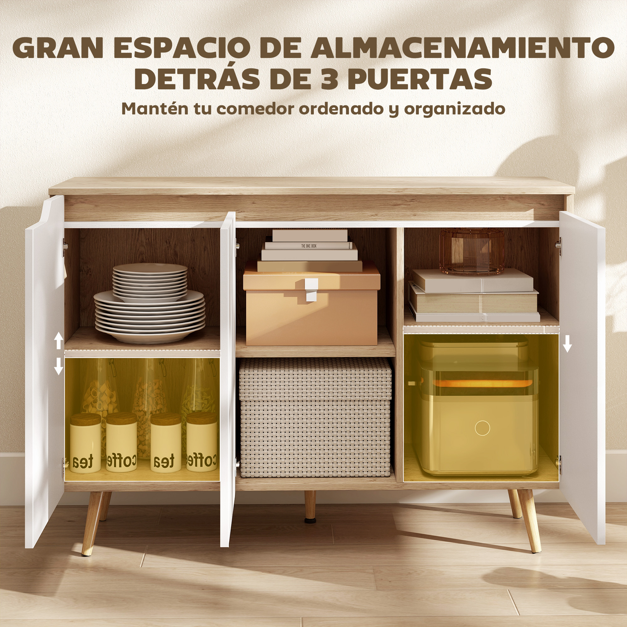 Un mueble blanco con tapa de madera, abierto, mostrando platos, cajas y frascos.
