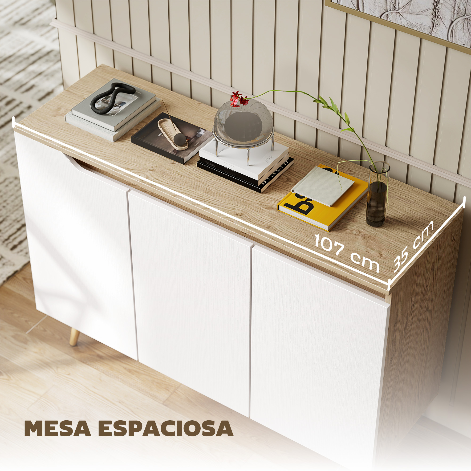 Mueble blanco con tapa de madera, decorado con libros y jarrón.