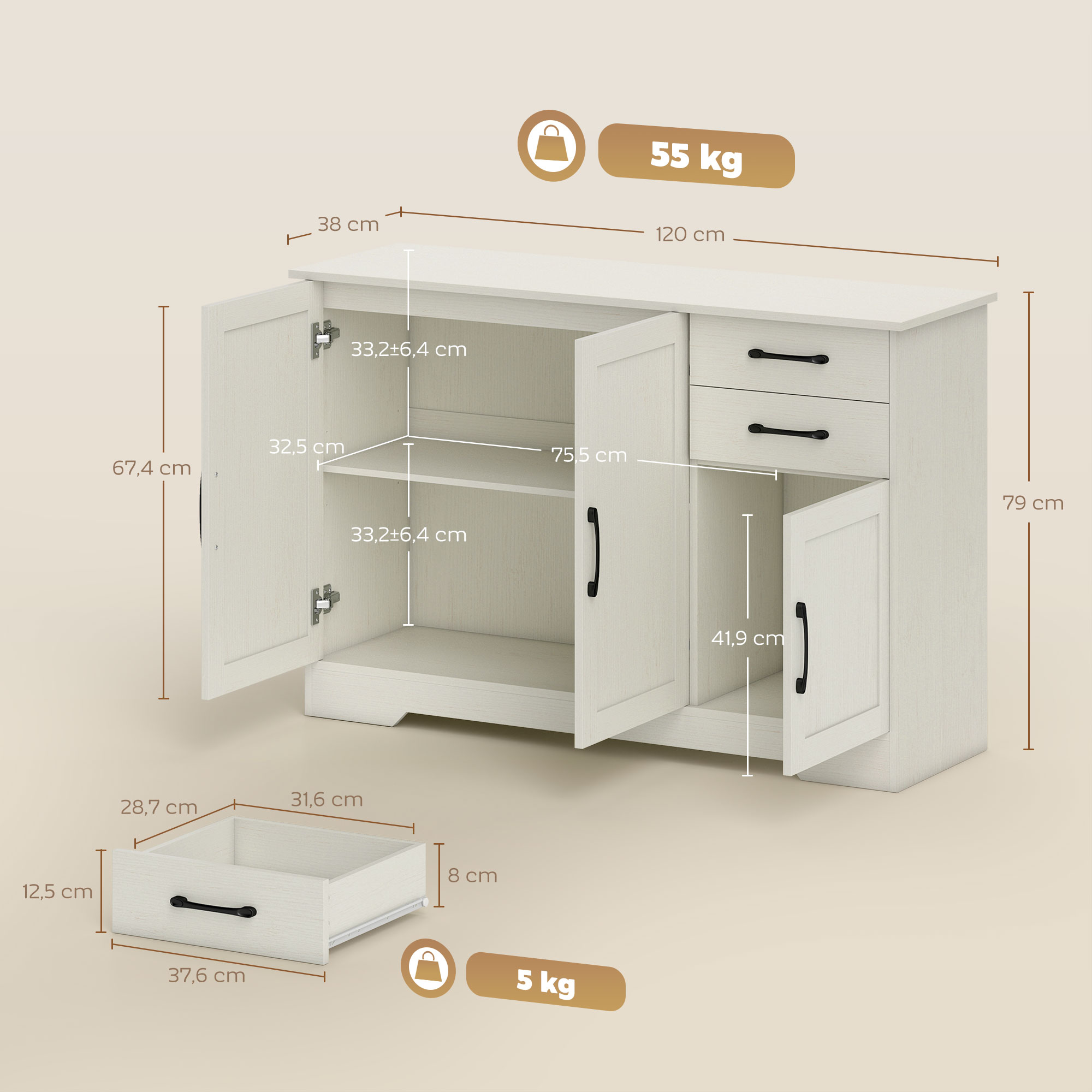 Cómoda blanca con dimensiones: 120x38x79 cm, carga 55 kg.