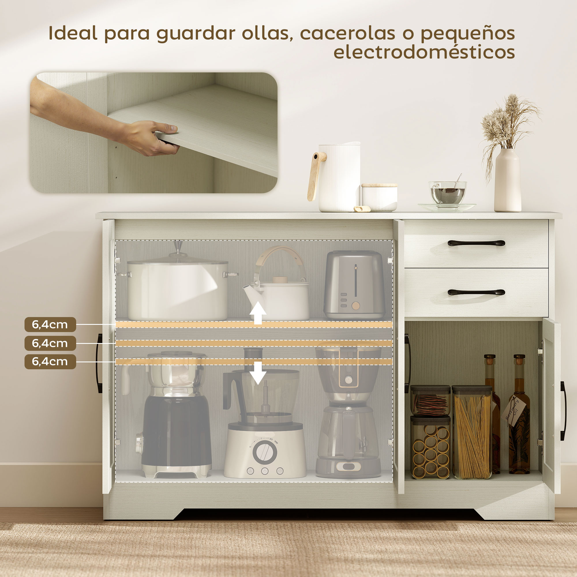 Un armario blanco con puertas abiertas que exhibe electrodomésticos y suministros.