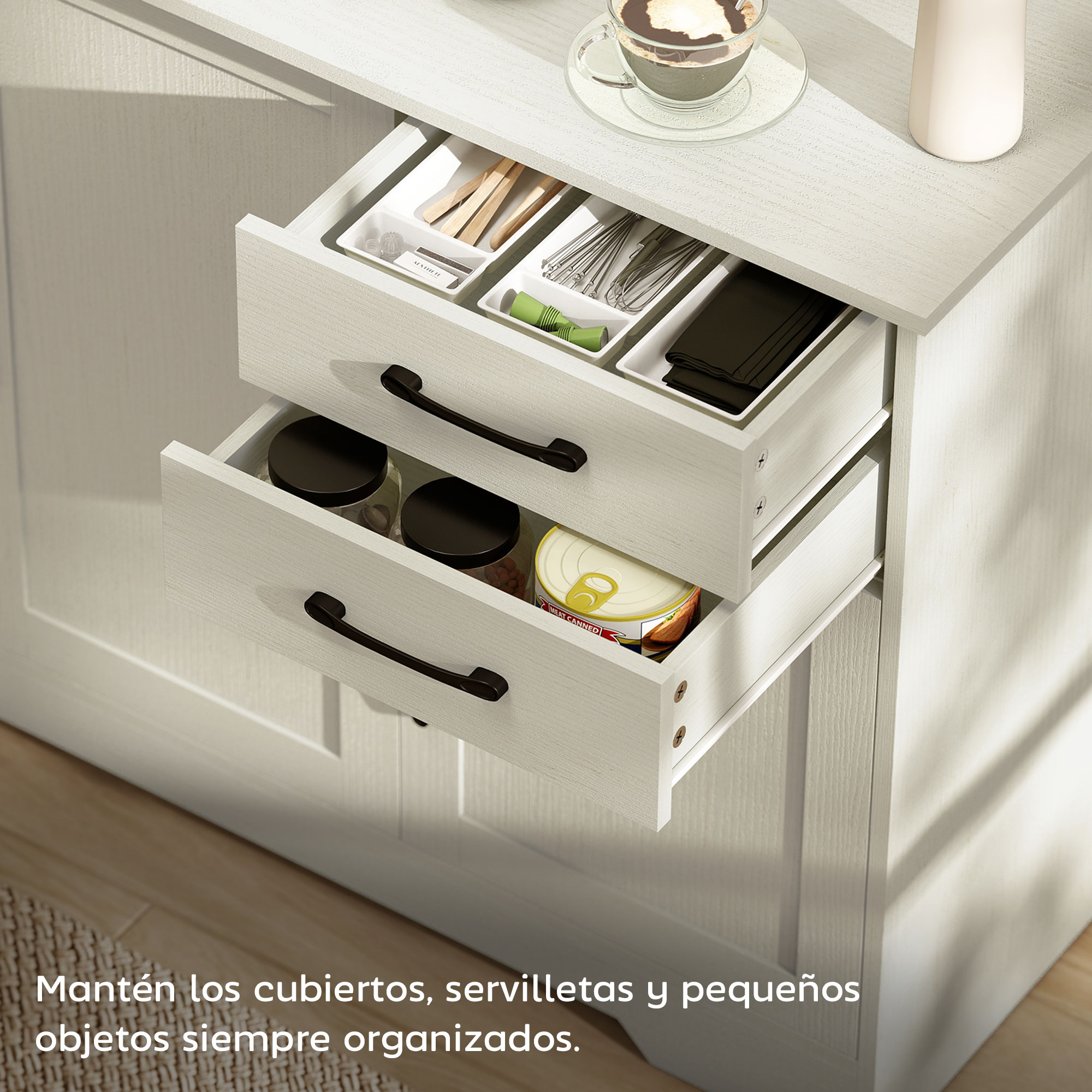 Cajones abiertos con utensilios de cocina, frascos y una lata.