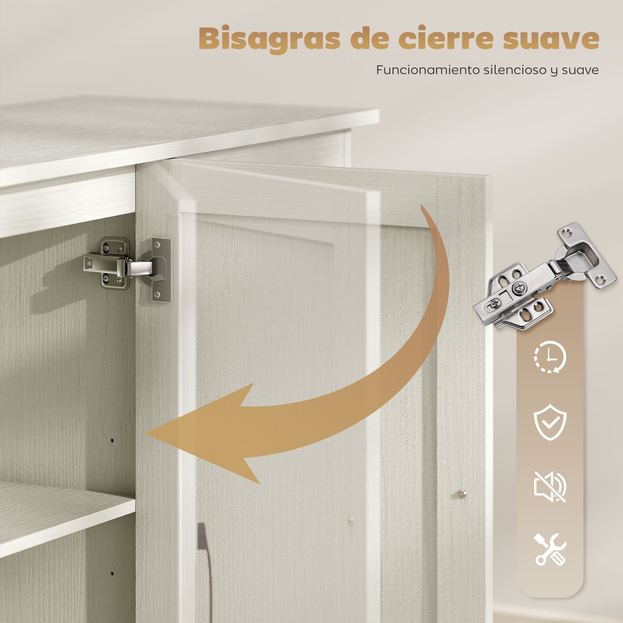 Una bisagra plateada en un gabinete blanco con flecha e iconos.