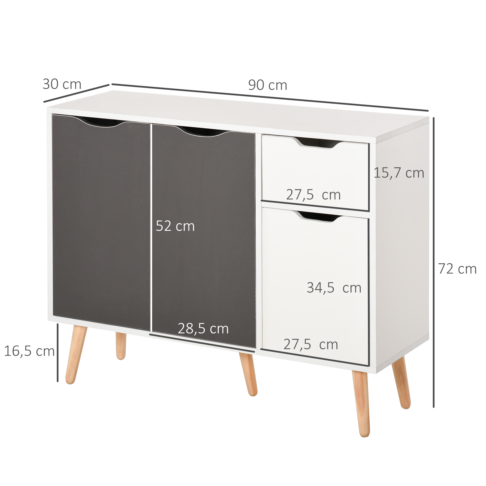 Un mueble blanco con dos puertas oscuras y dos cajones. Incluye medidas.