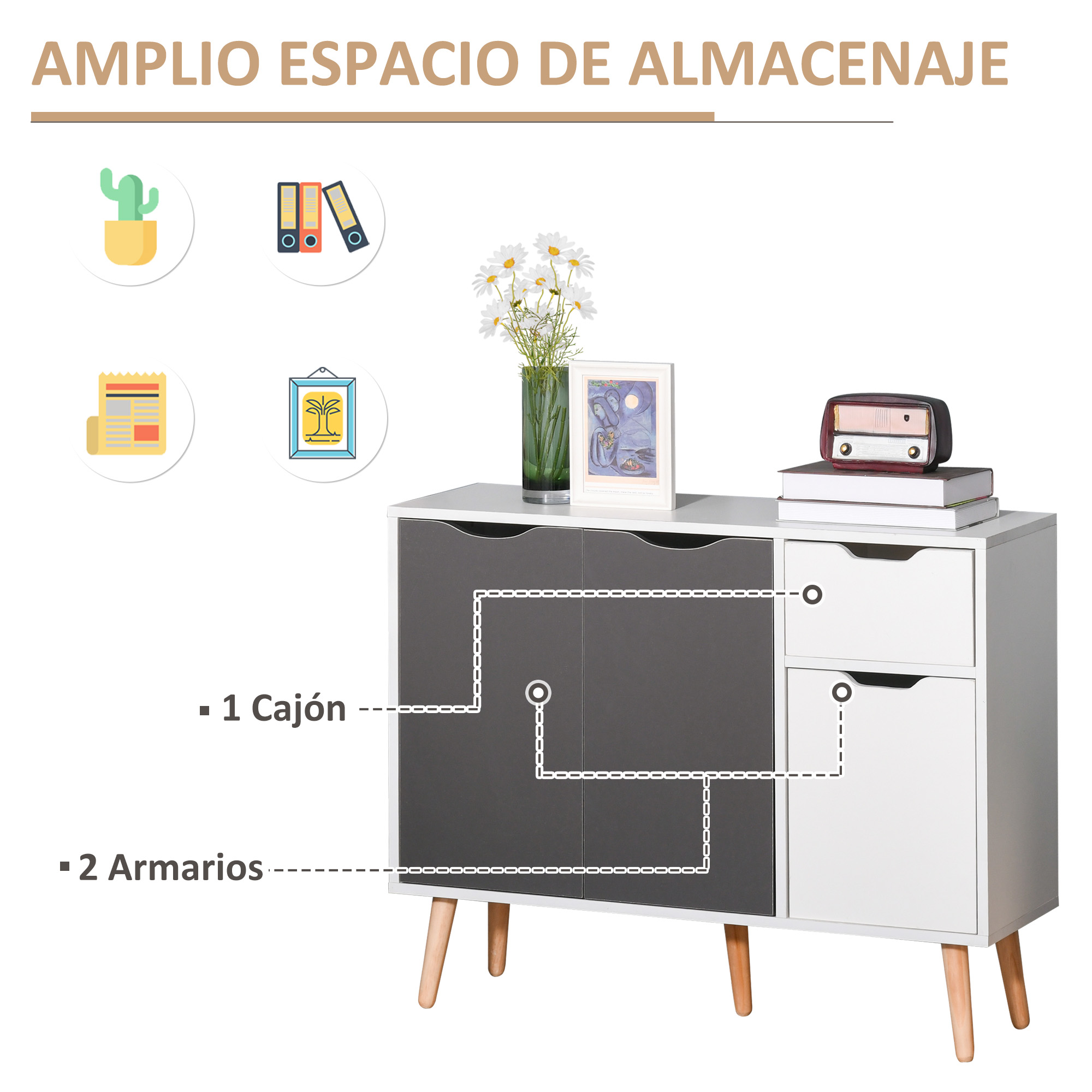 Un mueble blanco y gris con patas de madera, decoración y cajones.