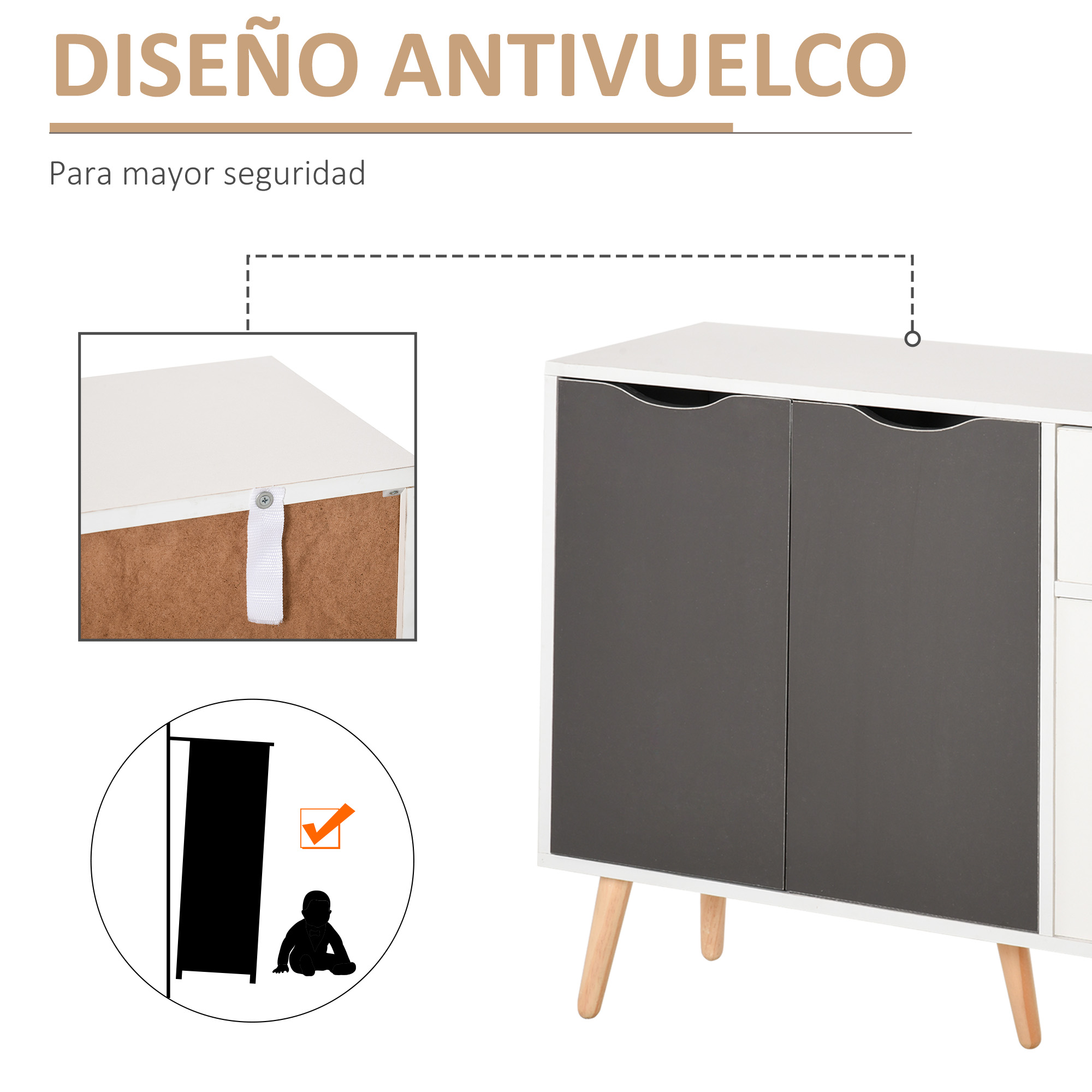 Un mueble blanco con puertas oscuras y patas de madera, mostrando correa de seguridad e icono.
