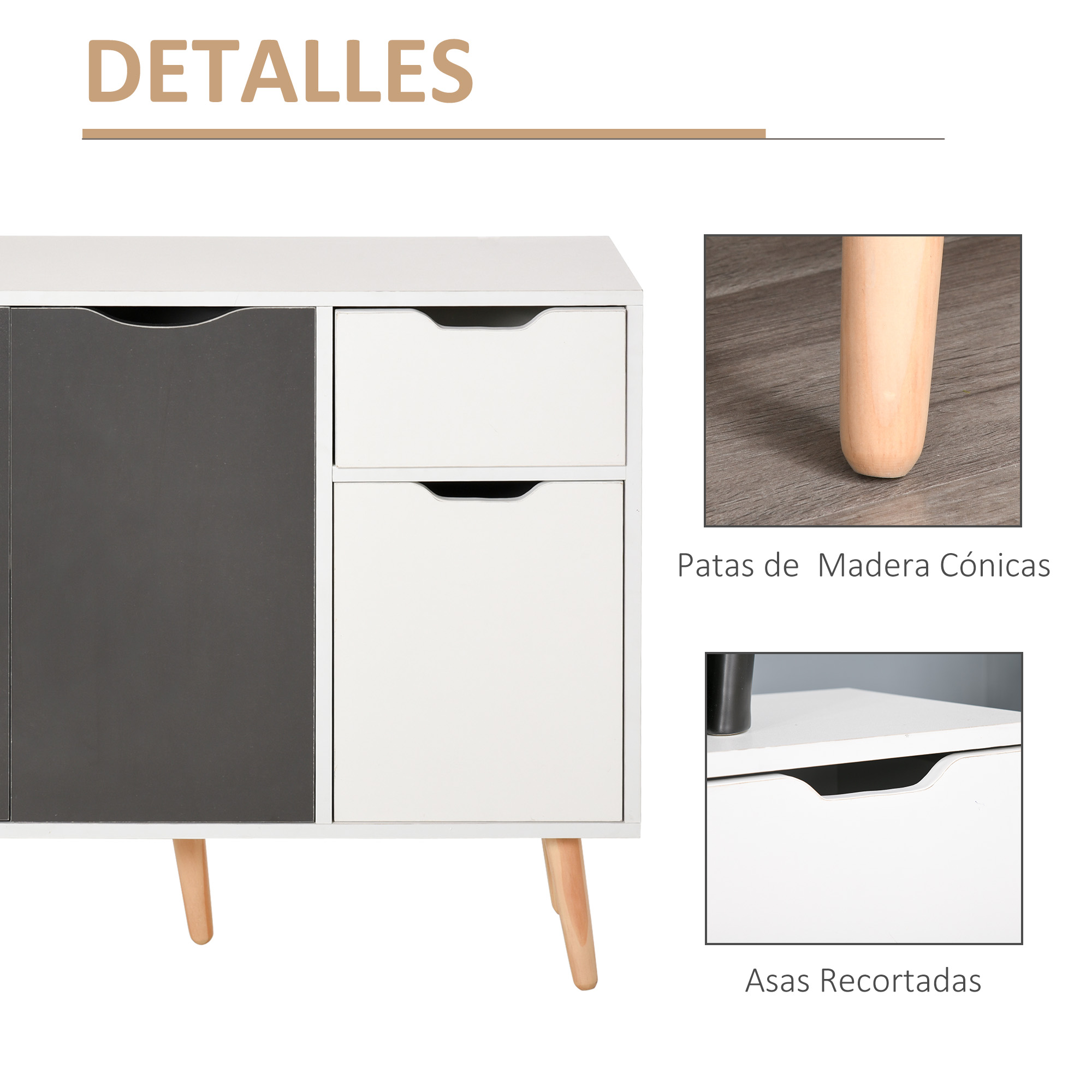 Gabinete blanco con puertas oscuras, cajones y patas de madera.