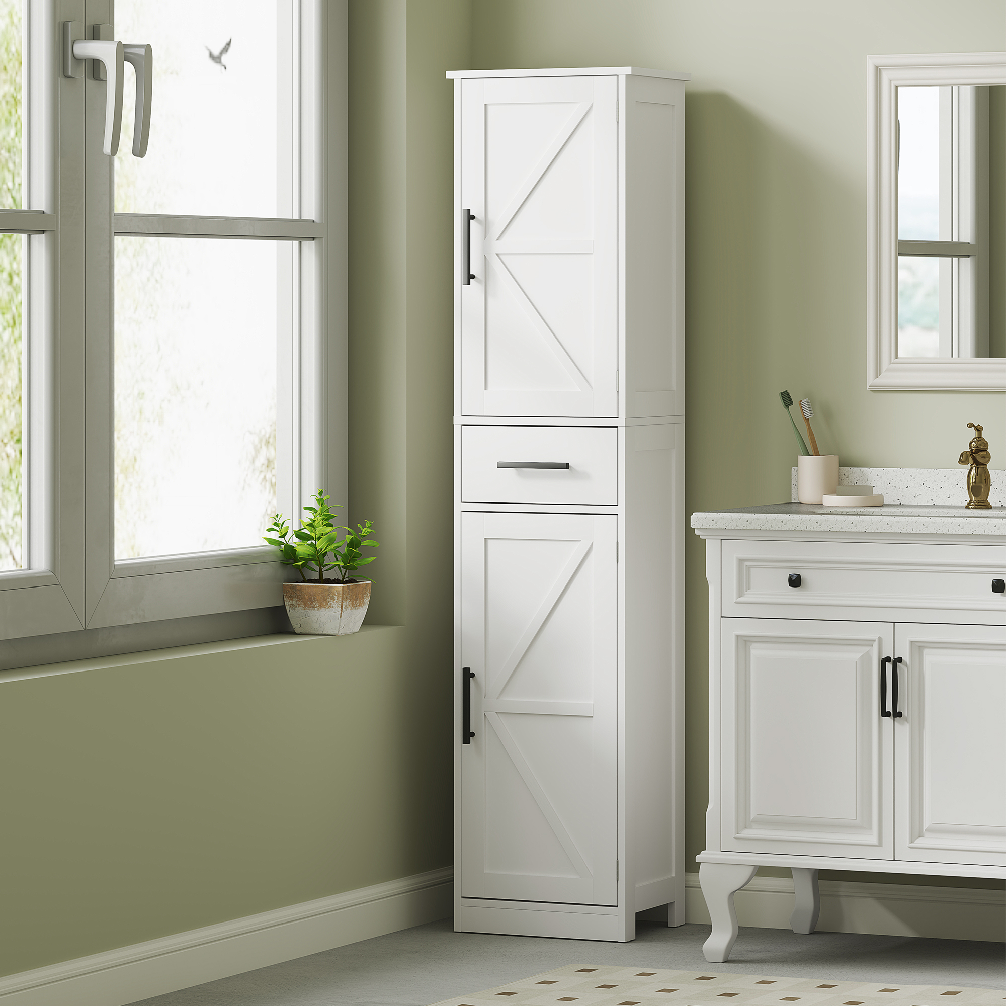 Un armario de baño blanco junto a una ventana con una planta verde en maceta.