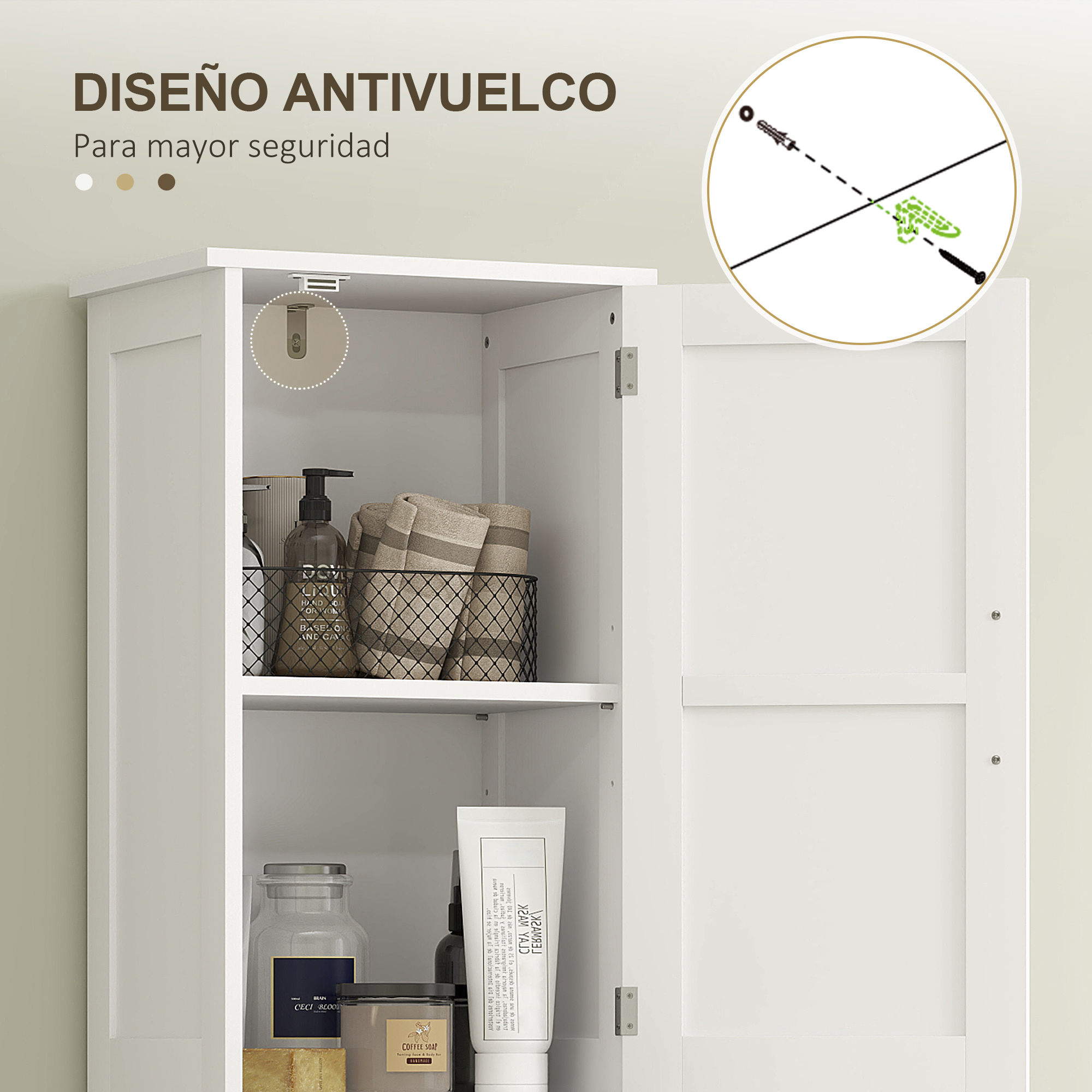 Un armario blanco de dos puertas, lleno de toallas y jabón.