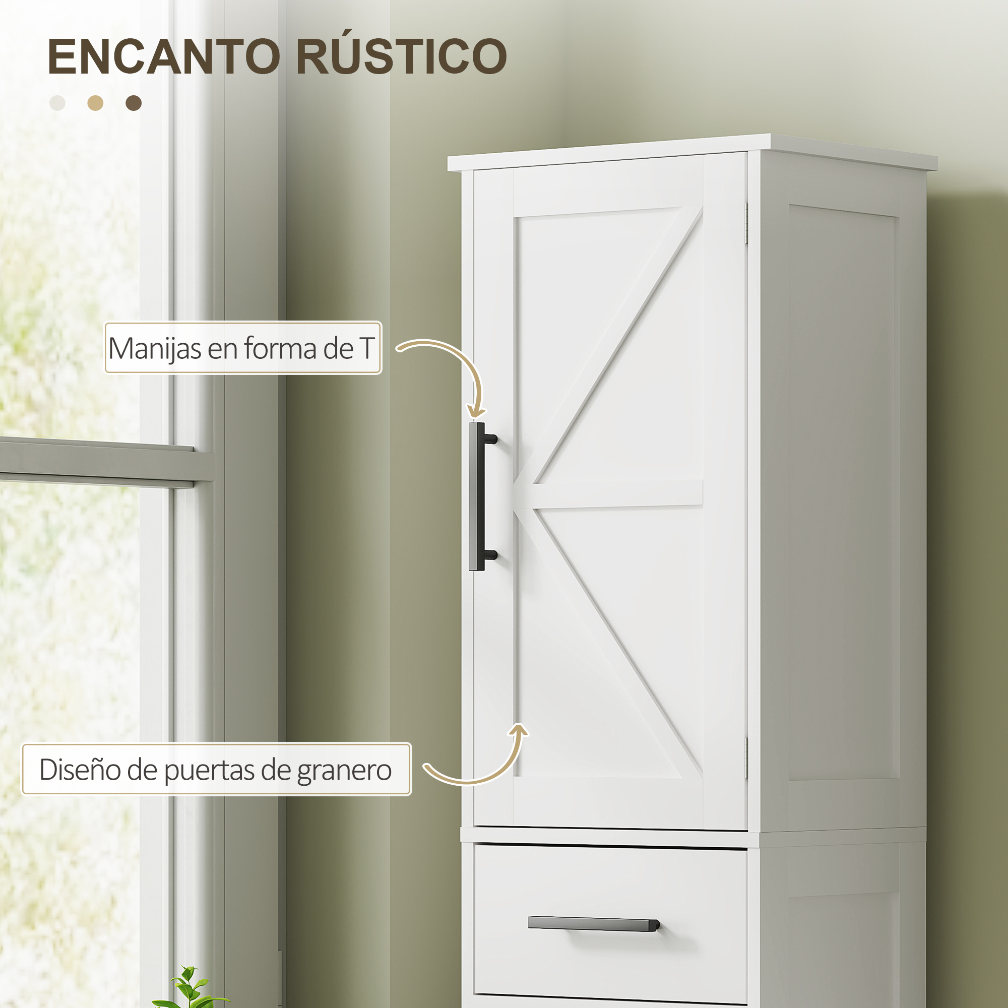 Un armario blanco con un cajón y una puerta estilo granero.