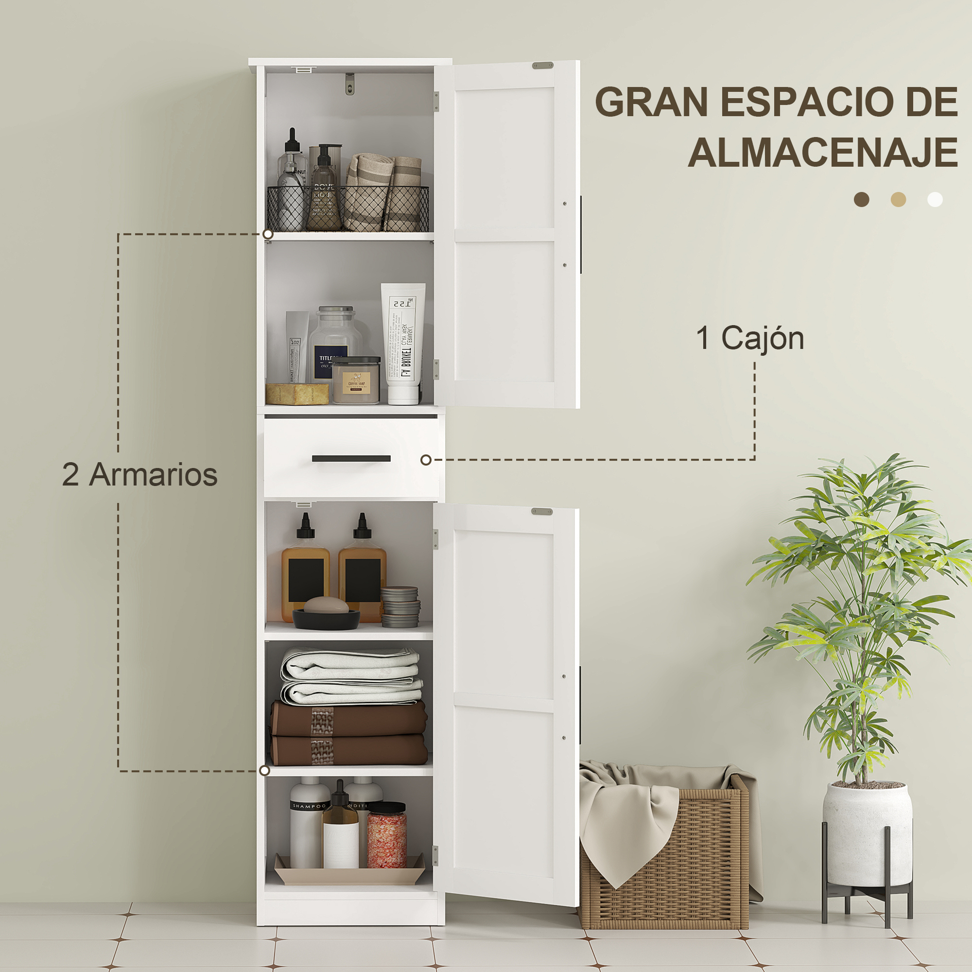Un armario blanco alto con puertas abiertas, lleno de artículos de baño.