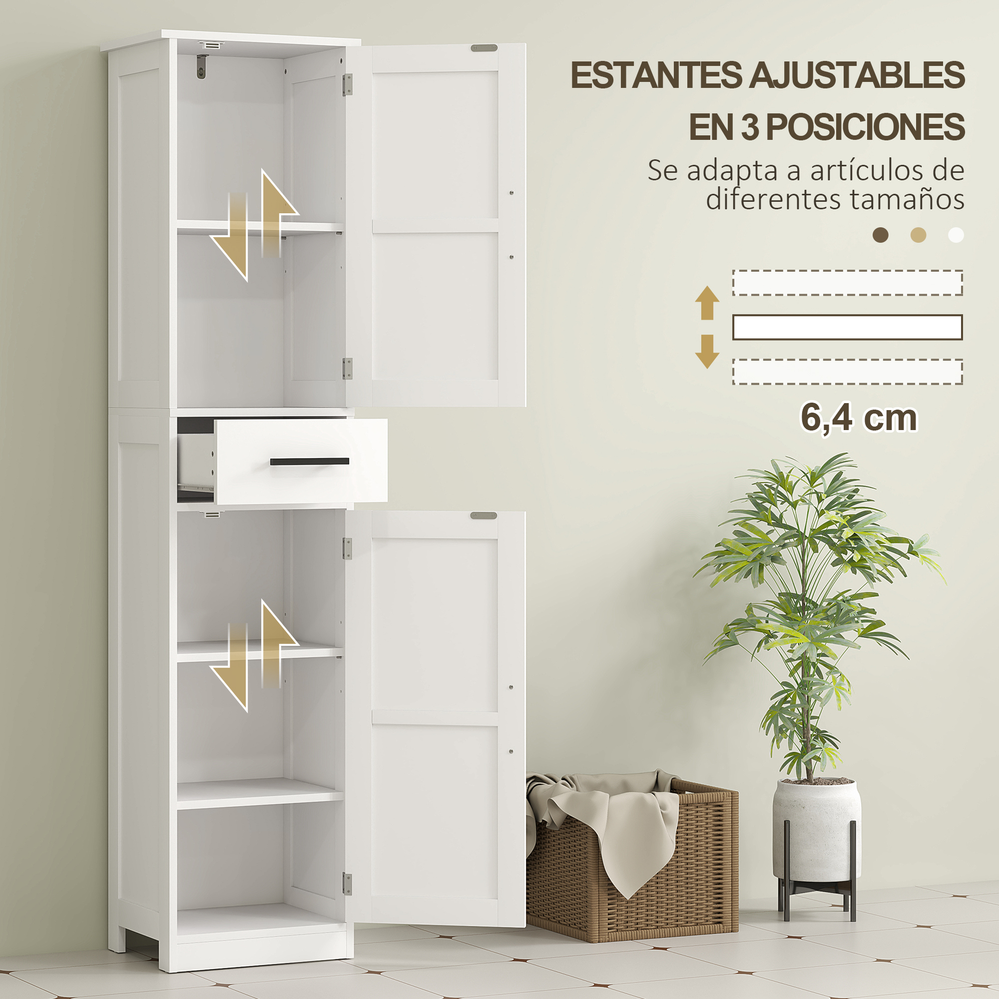 Un armario blanco con puertas abiertas, un cajón y estantes. Al lado, una cesta y una planta.