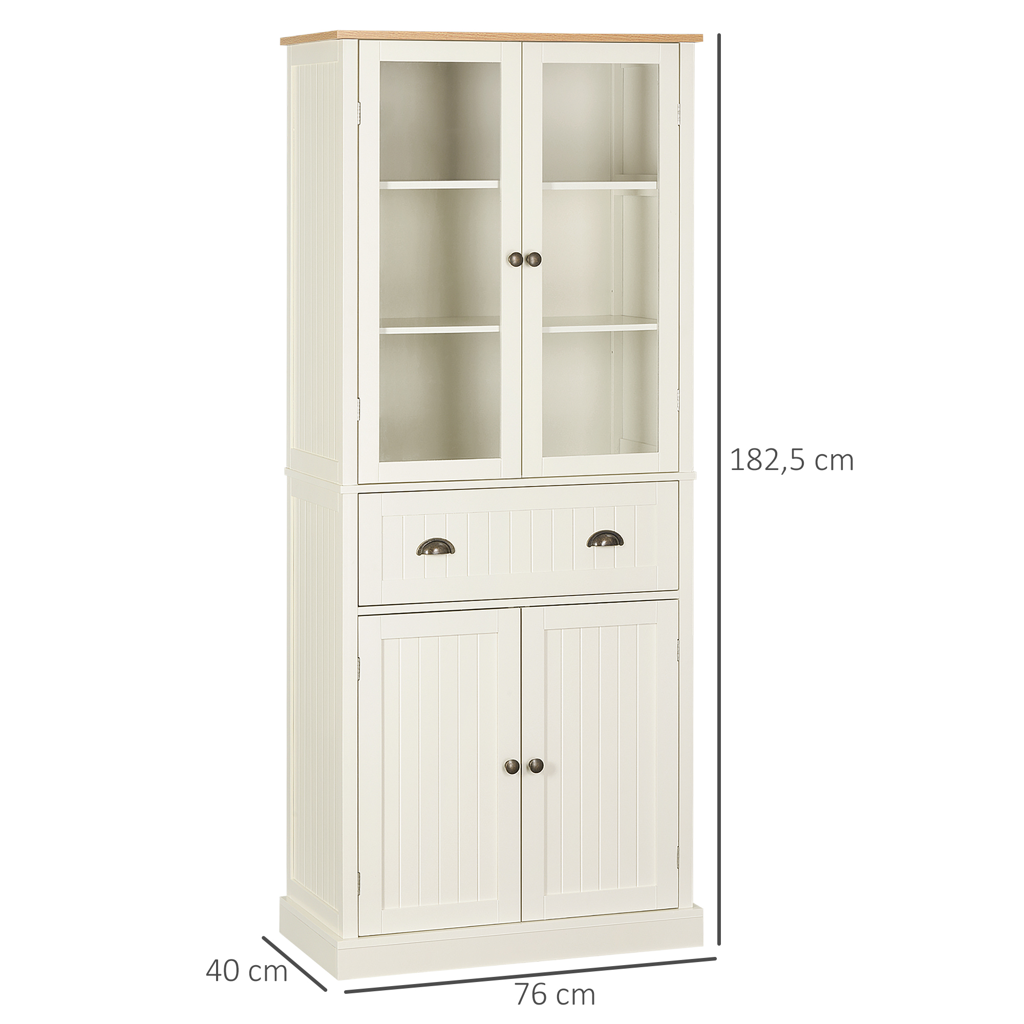 Armario blanco con puertas de cristal arriba, dos cajones y dos puertas abajo.