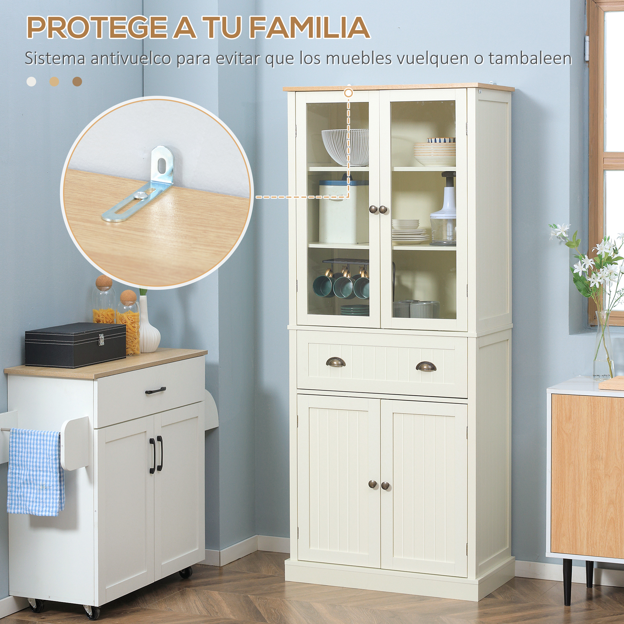 Armario crema con puertas de cristal, junto a carrito blanco. Se muestra anclaje a pared.
