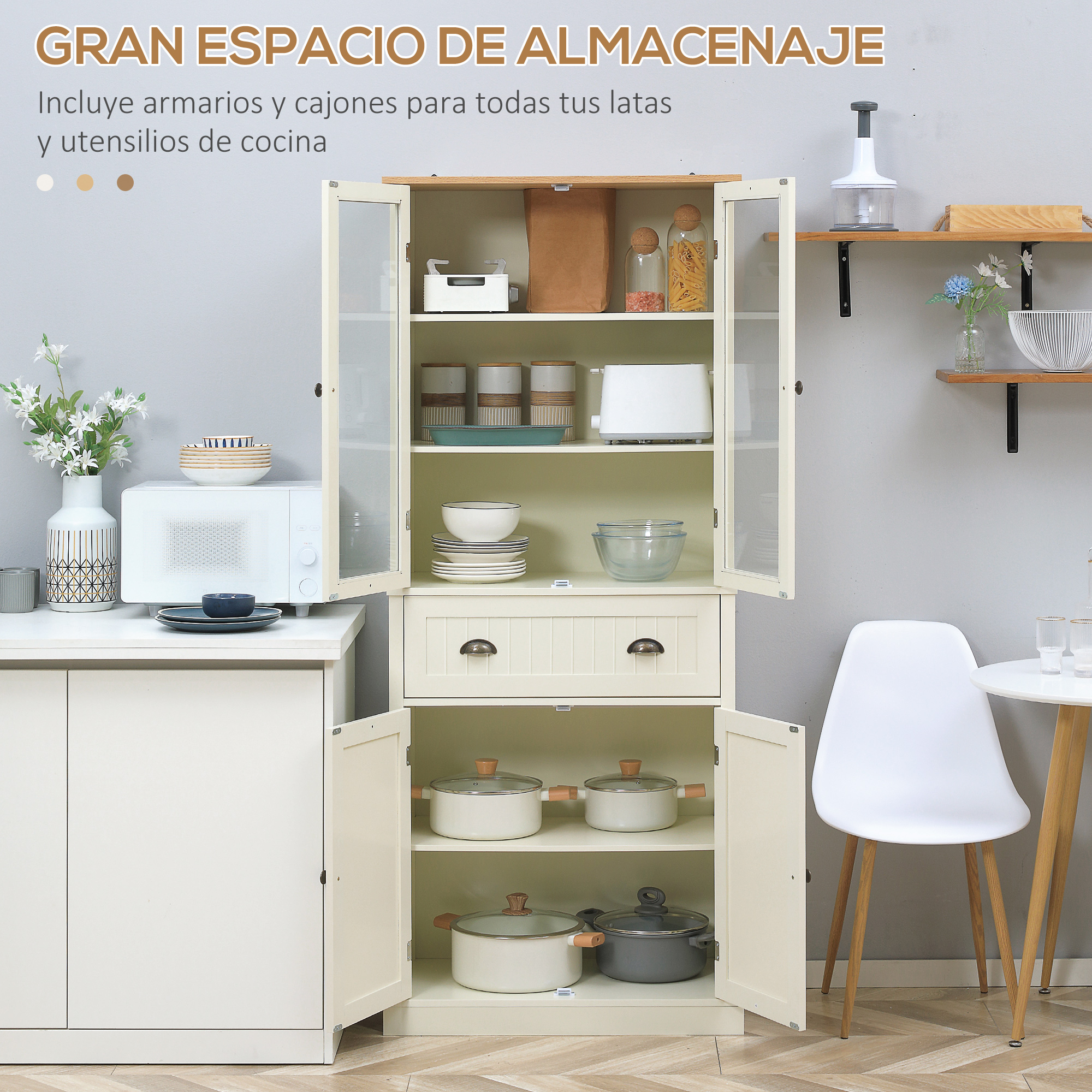 Un mueble de cocina color crema con puertas de cristal, lleno de platos y utensilios.