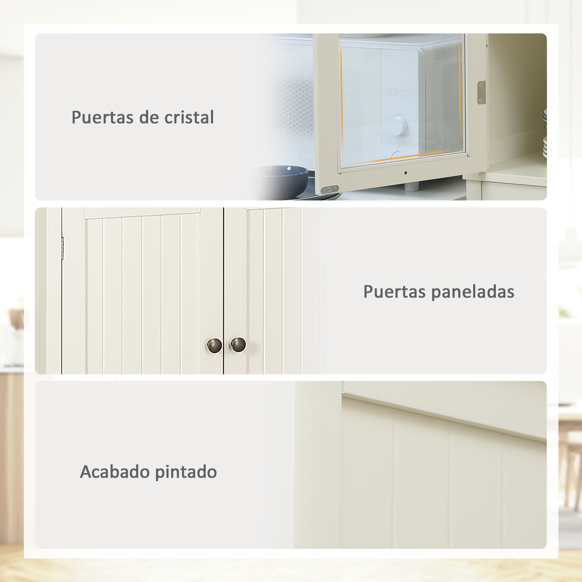 Un collage de tres imágenes: puertas de cristal, puertas paneladas y acabado pintado.
