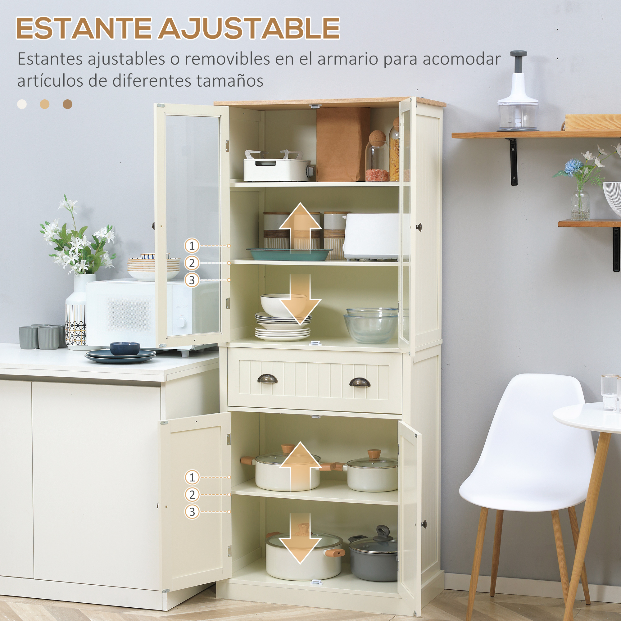 Un armario beige con puertas de cristal, que contiene utensilios de cocina.