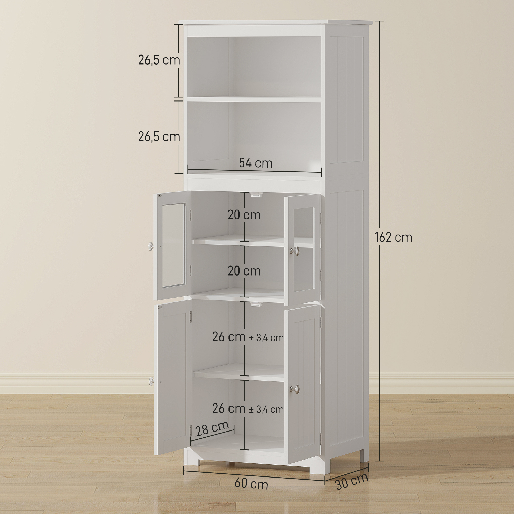 Un mueble alto blanco con puertas de cristal y madera y dimensiones.