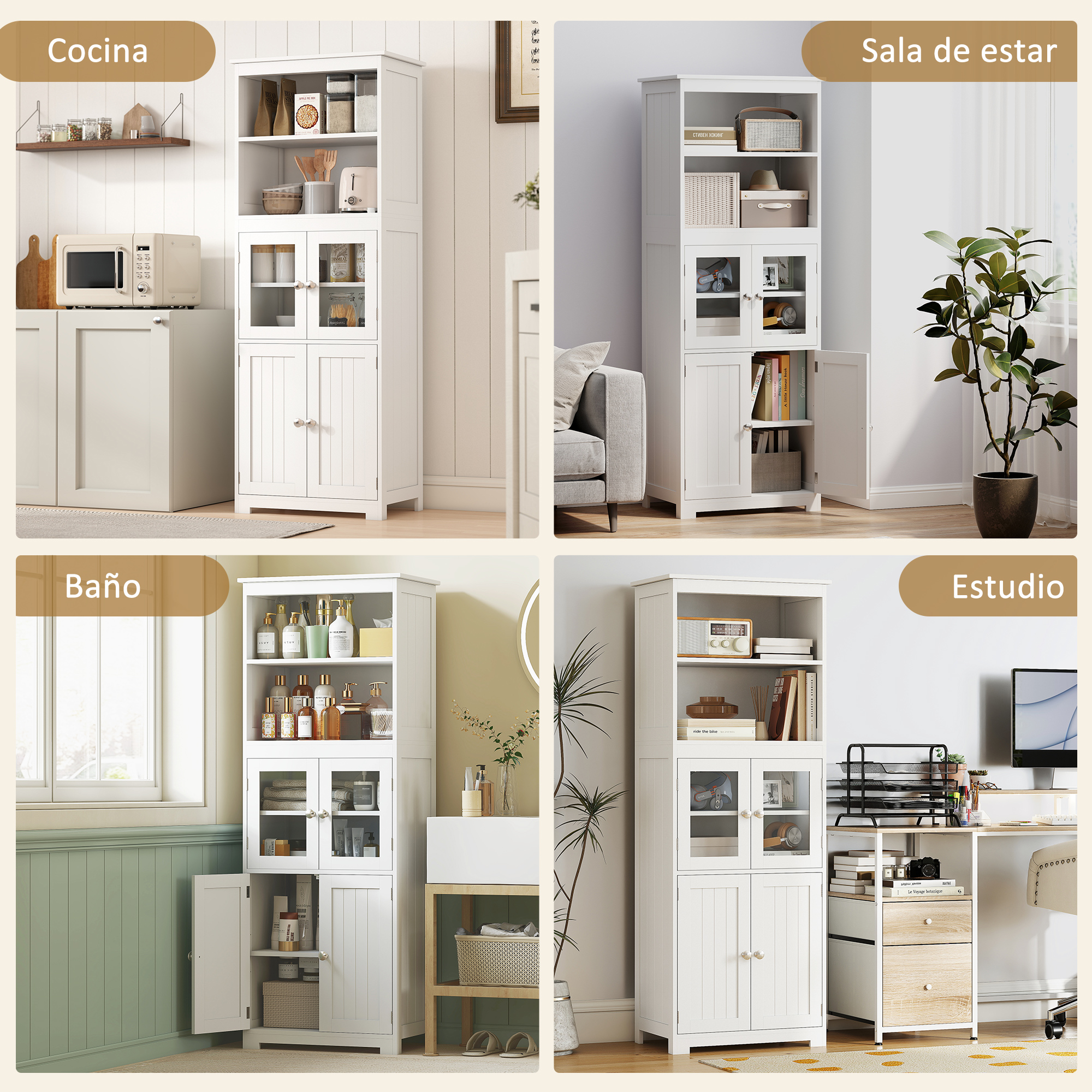 Cuatro armarios blancos en diferentes ambientes: cocina, sala de estar, baño y estudio.