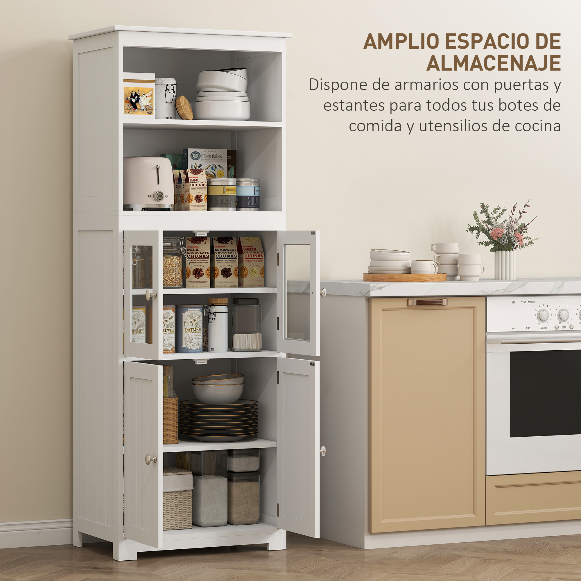 Armario de cocina blanco con estantes abiertos y cerrados, lleno de comida y platos.