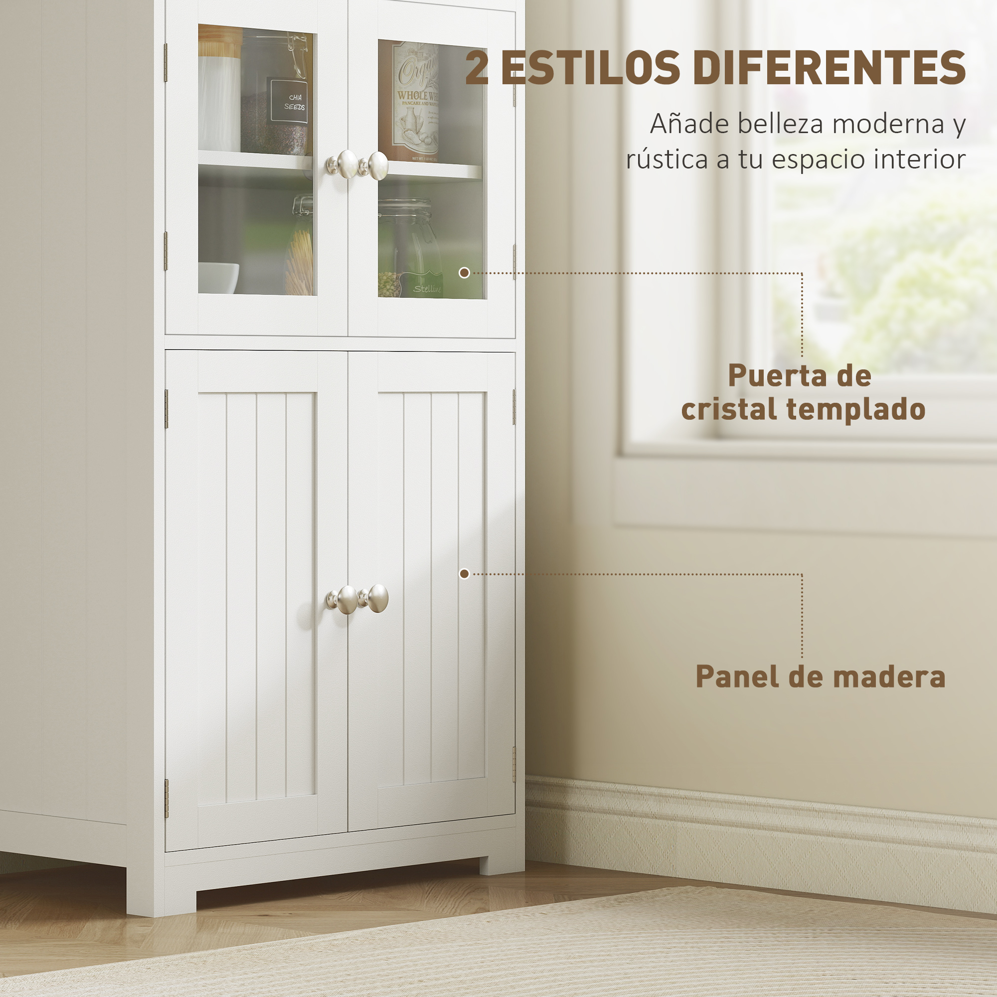 Un armario blanco con puertas de cristal arriba y puertas de madera abajo, lleno de comida.
