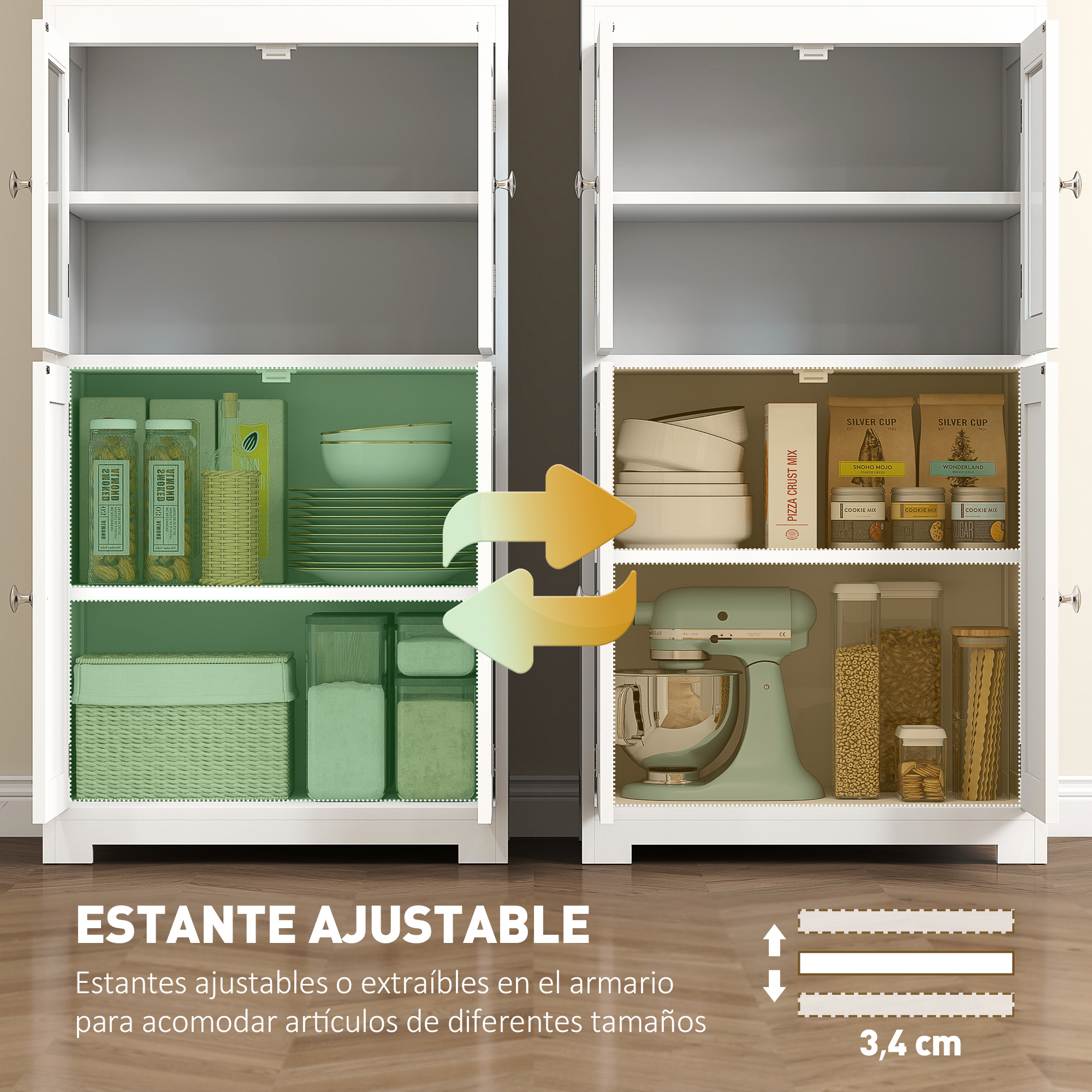 Dos armarios blancos con estantes ajustables, llenos de artículos de cocina.