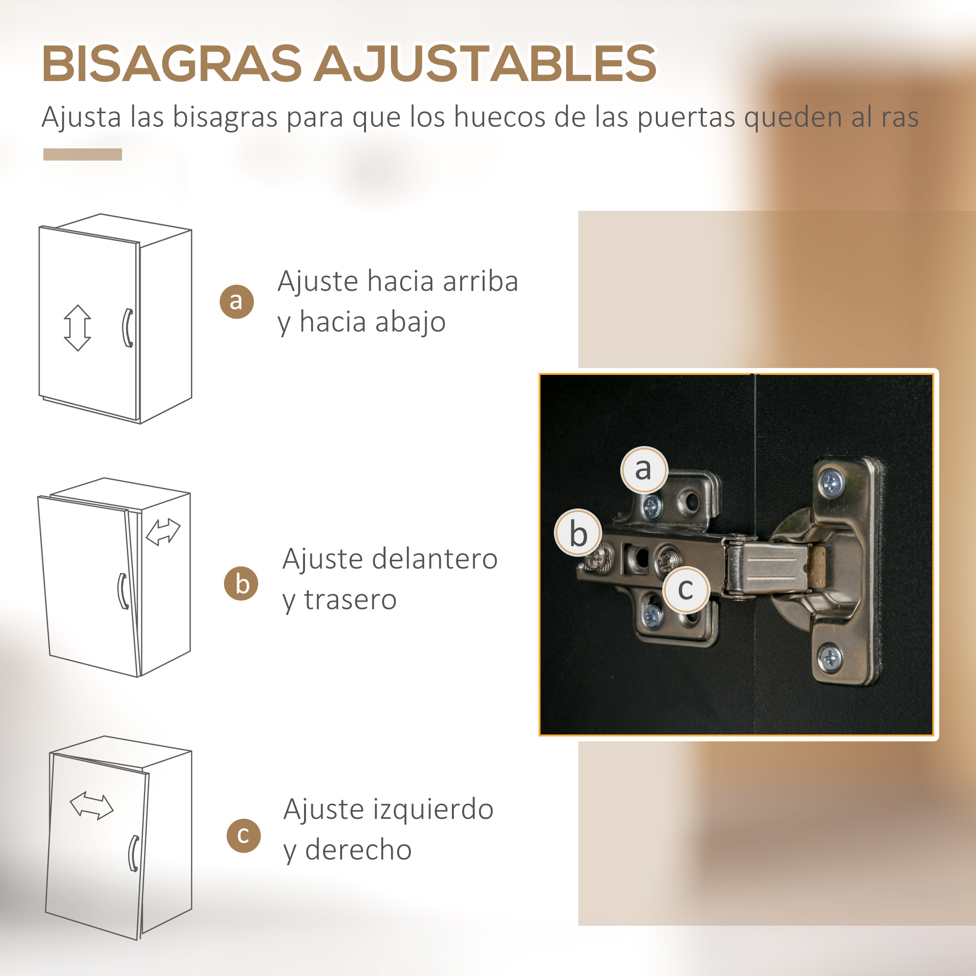Ilustración de bisagras mostrando ajustes: arriba/abajo, delante/detrás, izq/der.