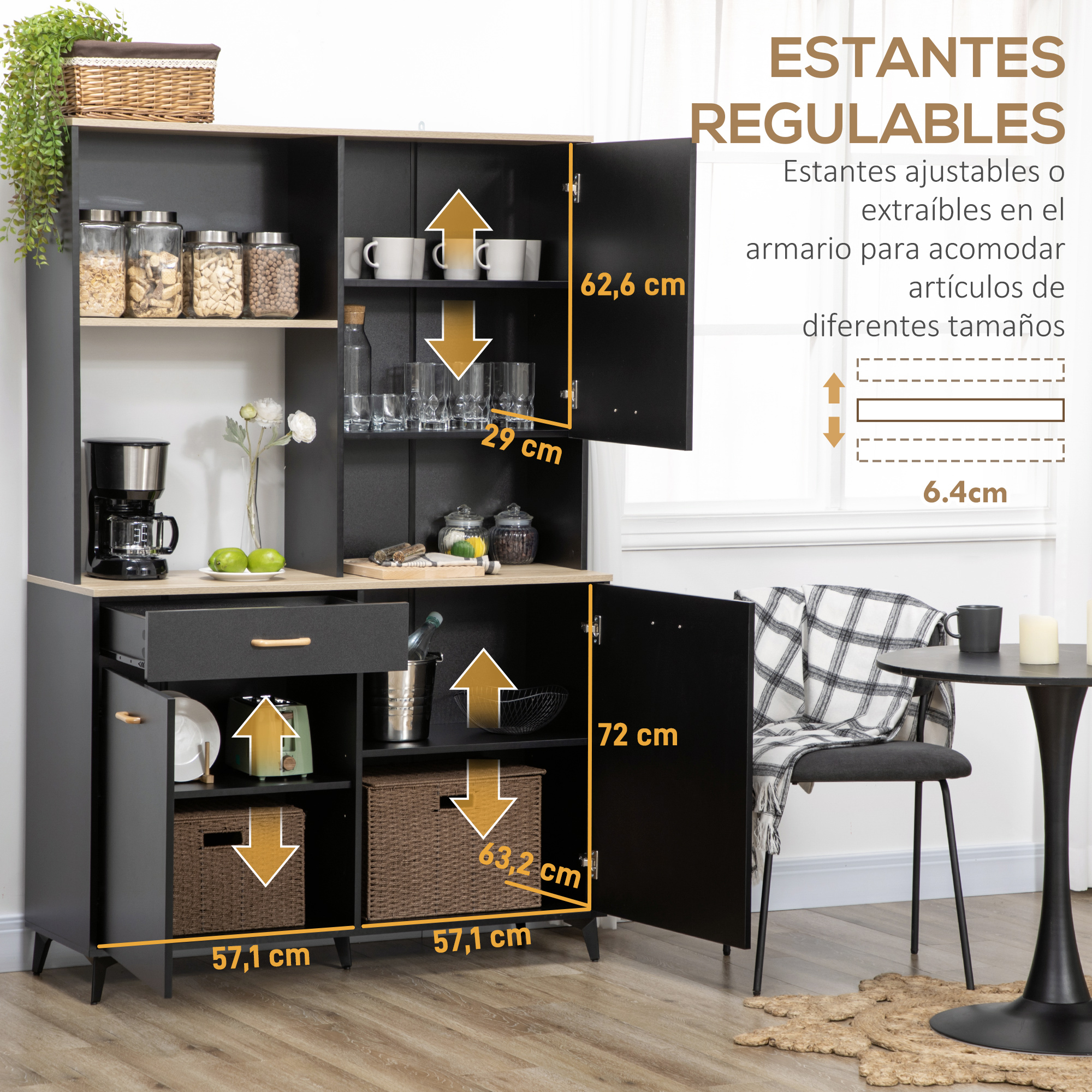 Armario negro con estantes ajustables, vasos, cafetera y cestas. Se muestran medidas.