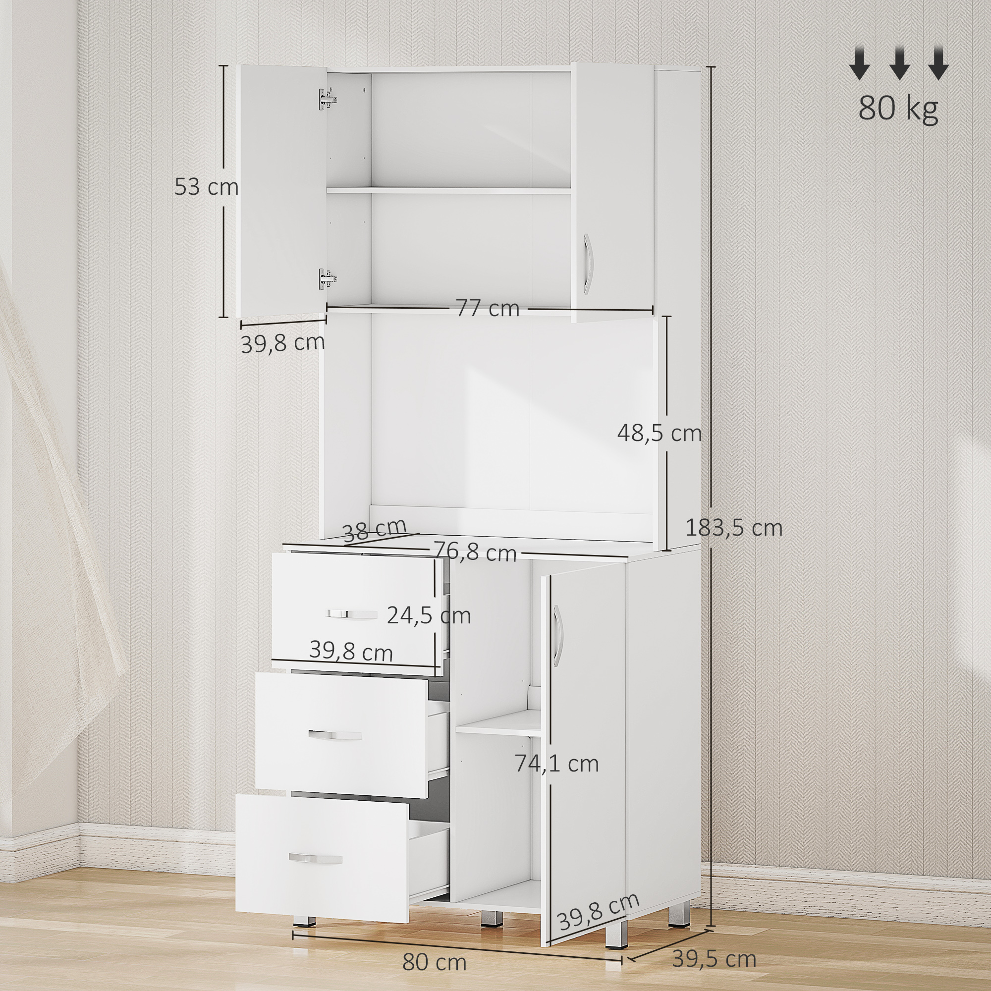 Armario alto blanco con cajones y puertas, se muestran las dimensiones.