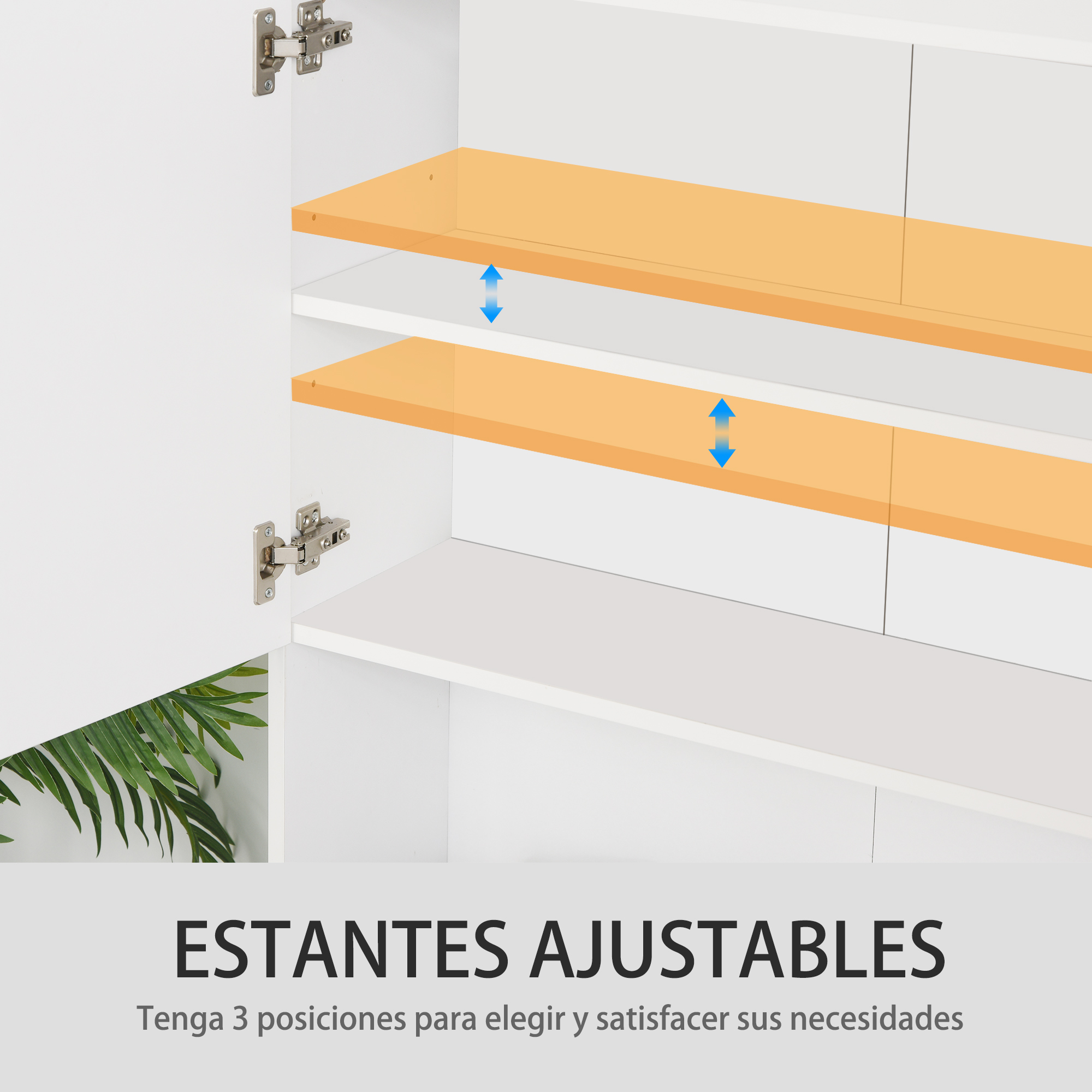 Estantería blanca con baldas naranjas ajustables y flechas azules indicando.