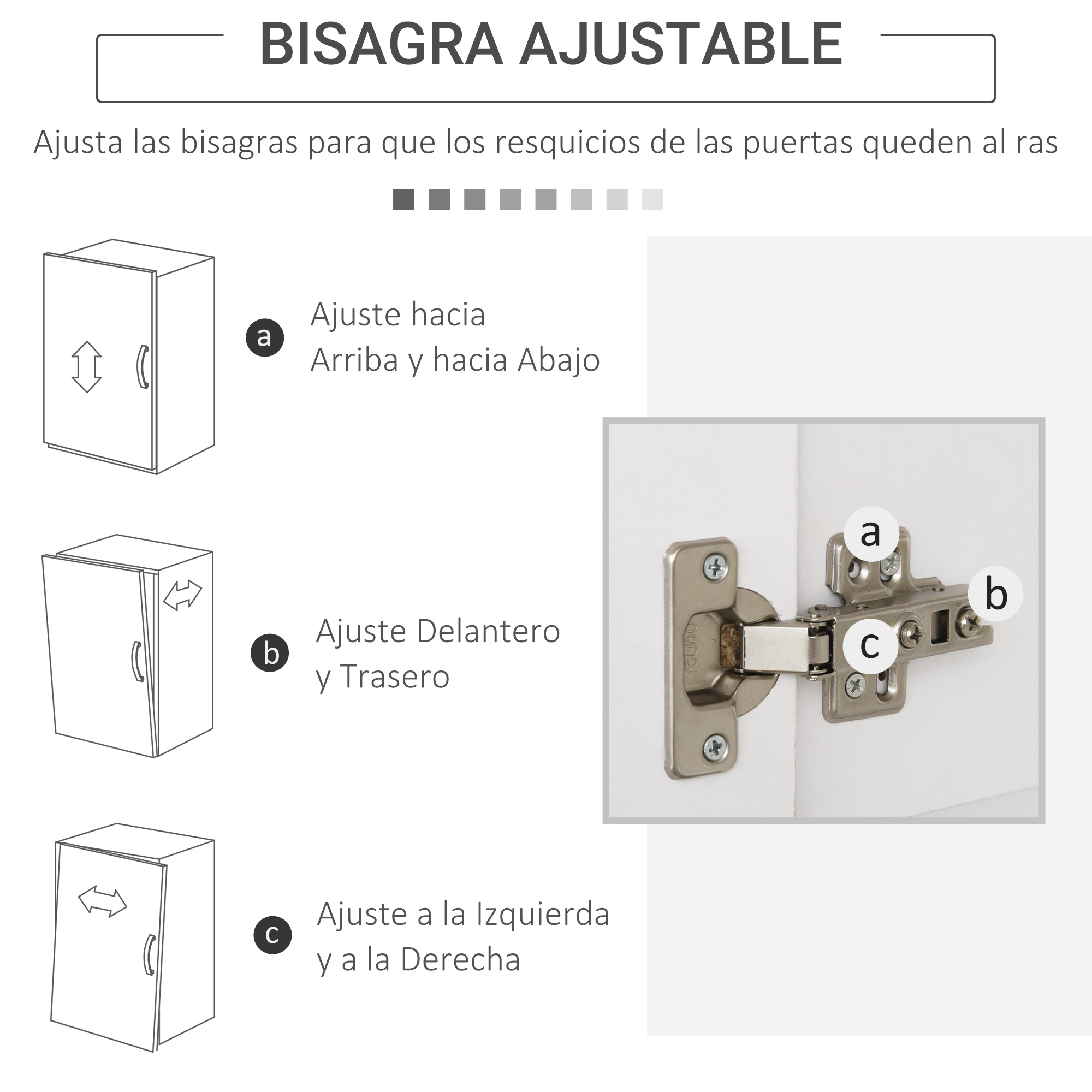Instrucciones para ajustar puertas de armario: arriba/abajo, delante/detrás, izq/der.