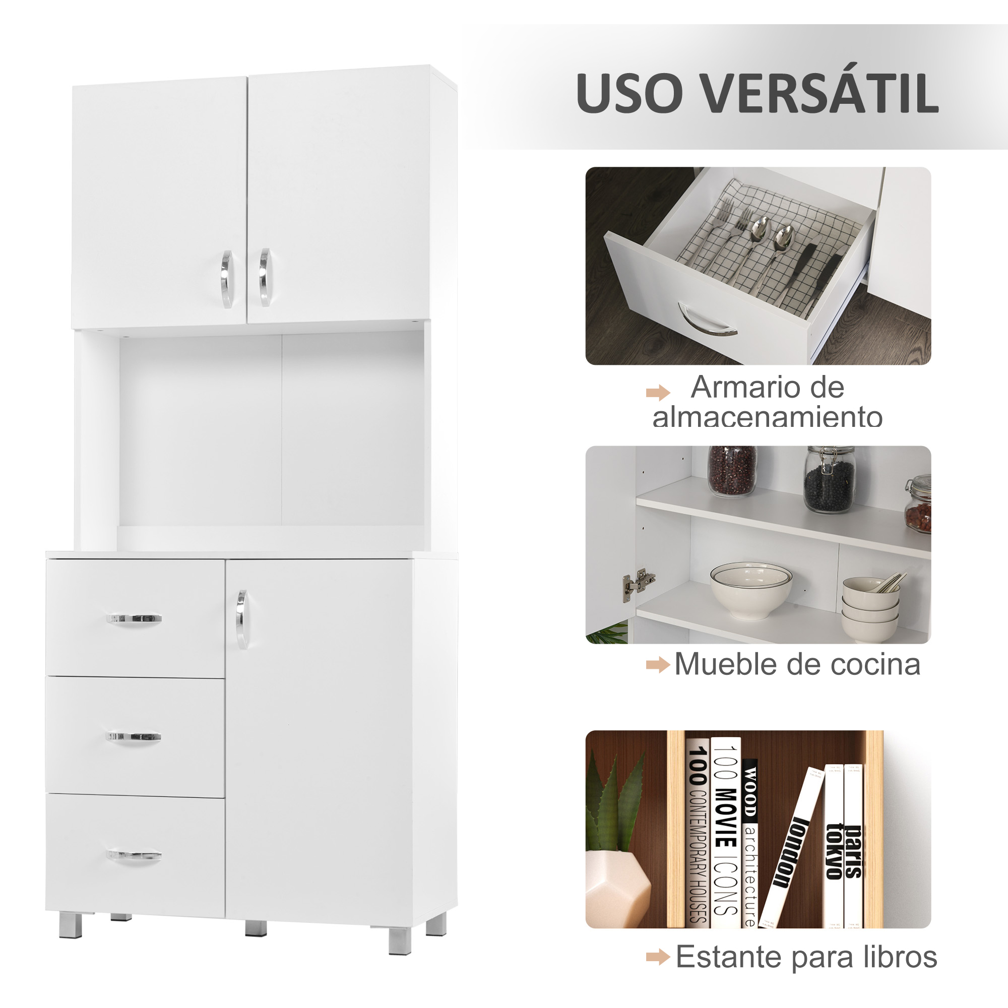 Un armario blanco con cajones y puertas, con detalles de almacenamiento, cocina y libros.