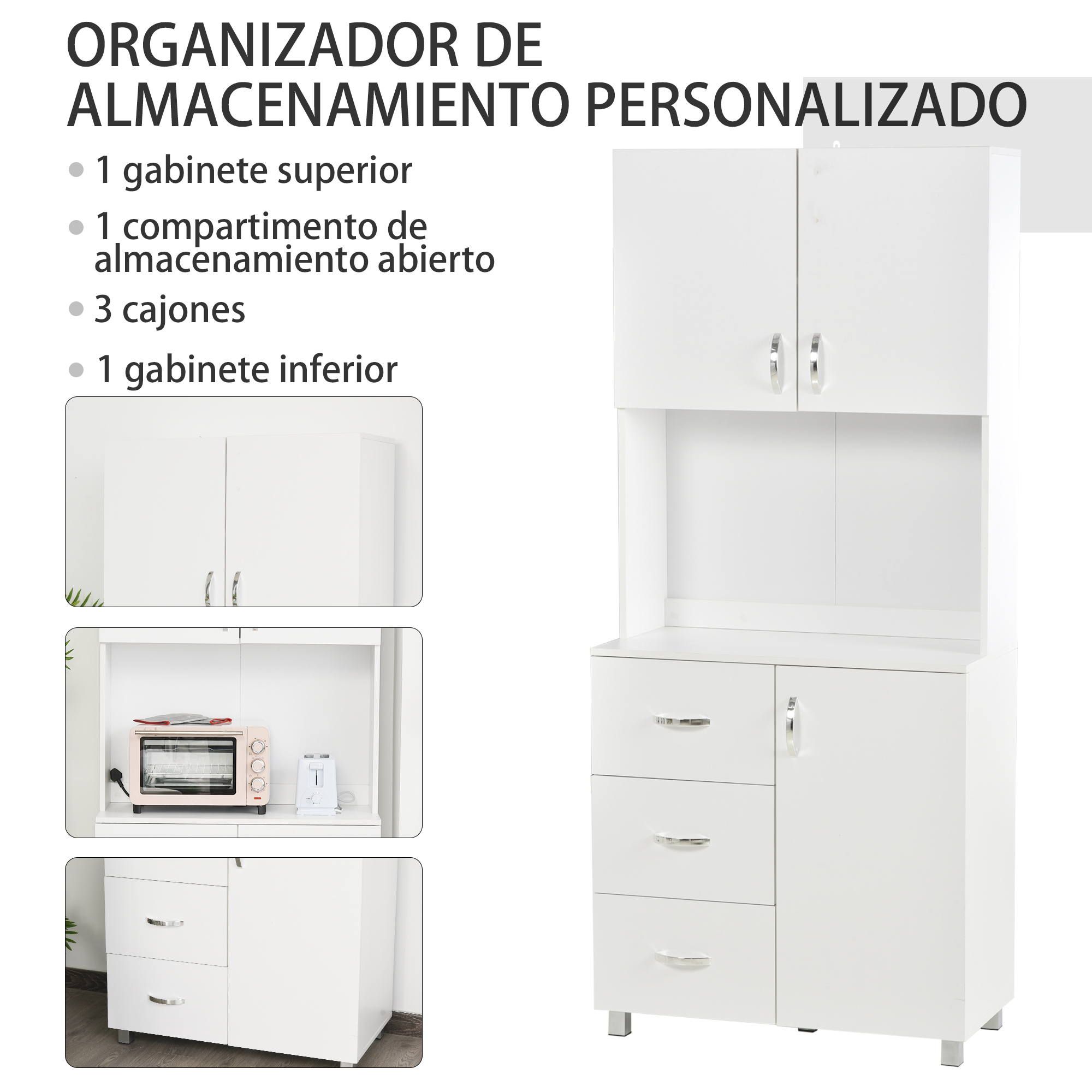 Un mueble de almacenamiento blanco con puertas arriba y cajones abajo.