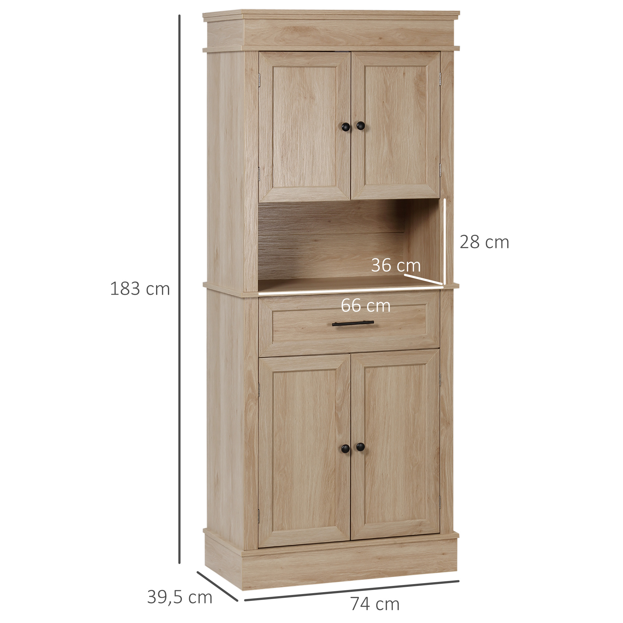 Un armario de madera alto y estrecho con puertas superior e inferior, un cajón y medidas.