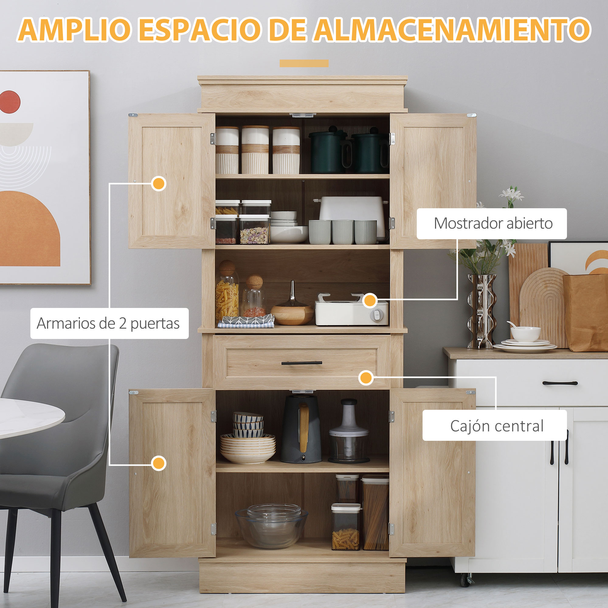 Un mueble de cocina de color marrón claro con puertas abiertas, lleno de vajilla y alimentos.