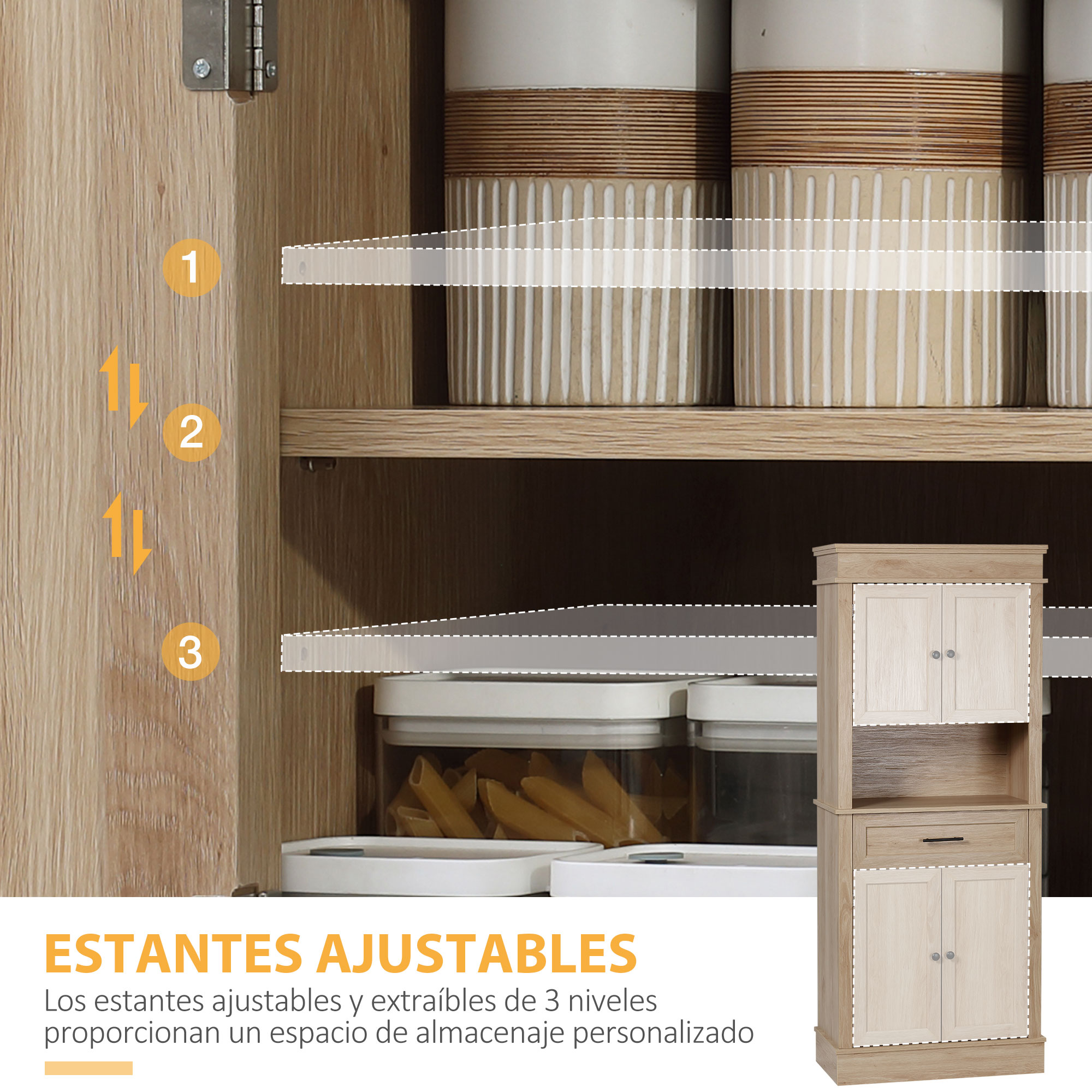 Un armario de madera con estantes ajustables, tarros y recipientes.